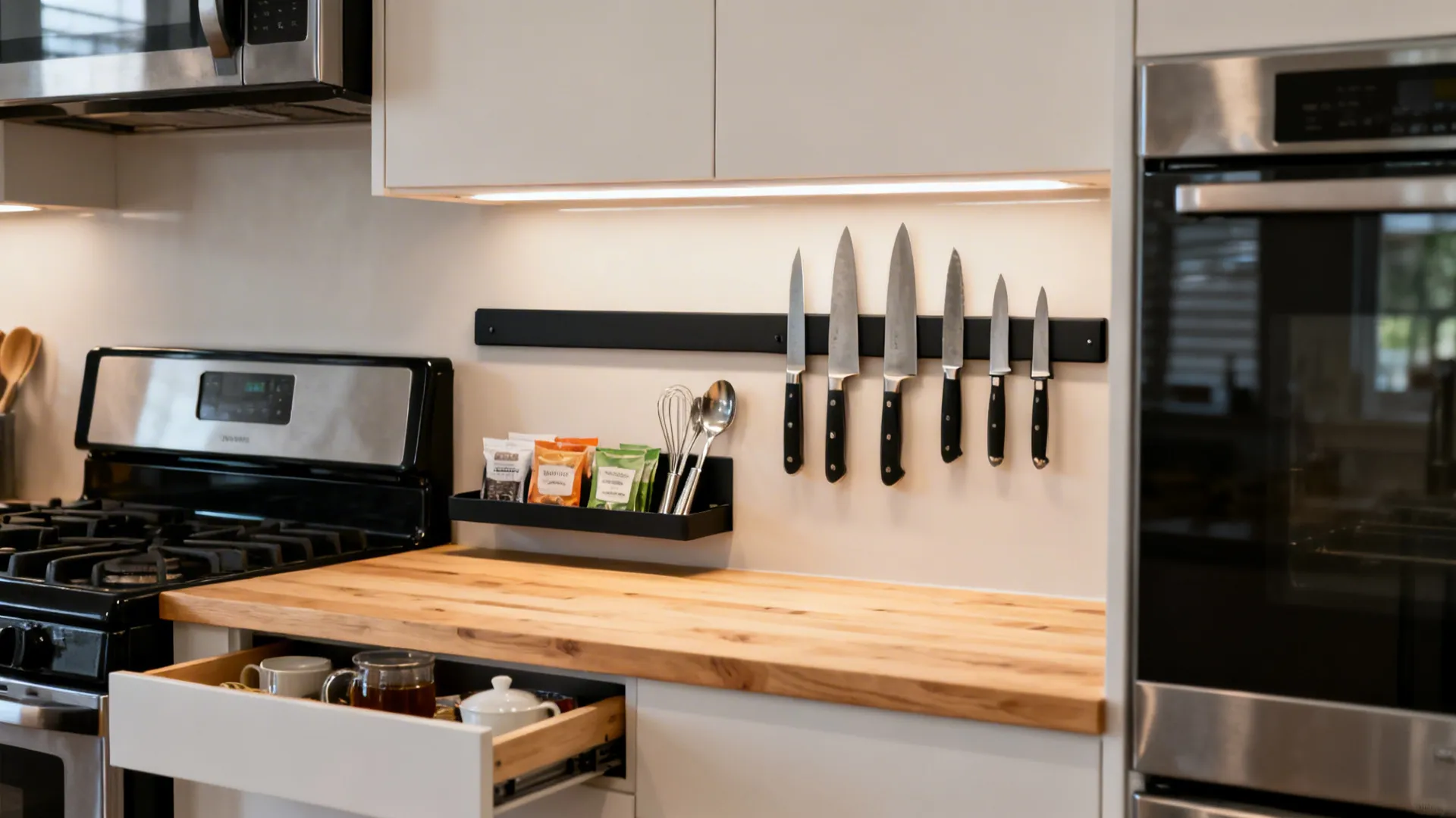 Under-cabinet magnetic knife strip and a slim drawer for small items with task lighting over a birch counter.