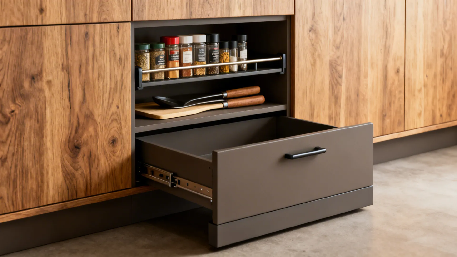 Under-cabinet toe-kick drawer and under-upper-cabinet spice rail pulled out with organized items.