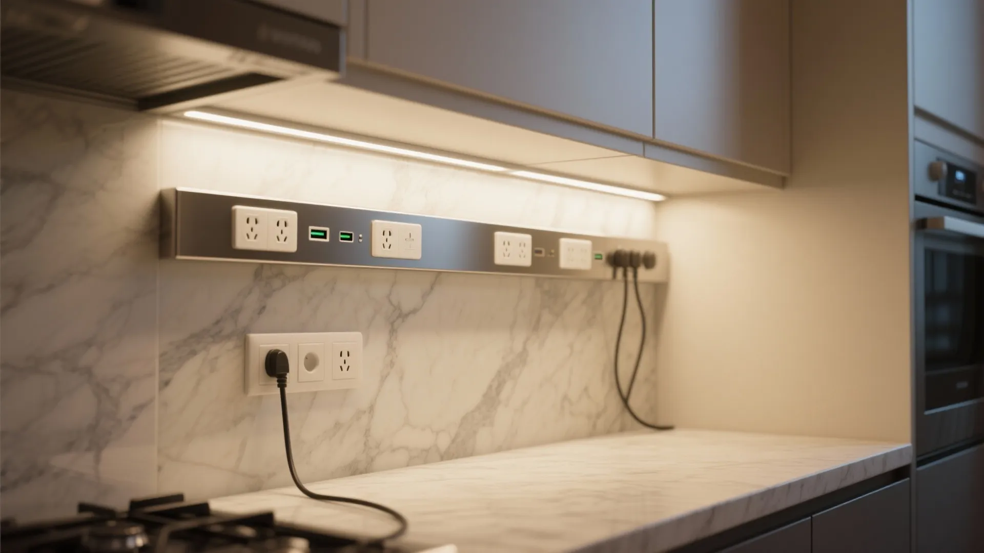 Marble kitchen wall with light strip power track and white wall socket with black plug