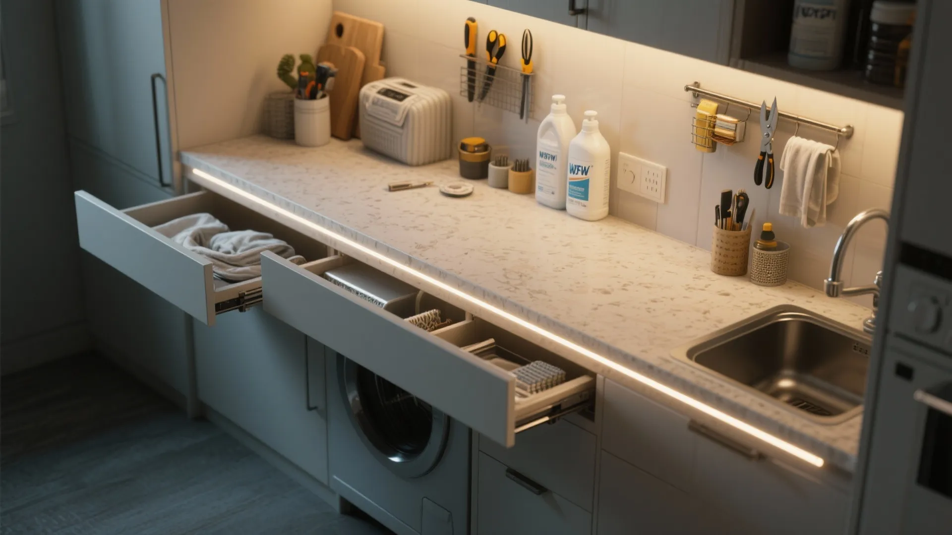 Kitchen counter with strip light fixture showing open drawers washing machine sink and organized tools