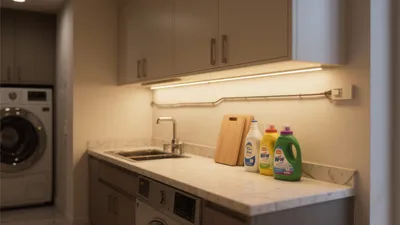 Modern Laundry Room with Marble Countertop & Under-Cabinet Lighting