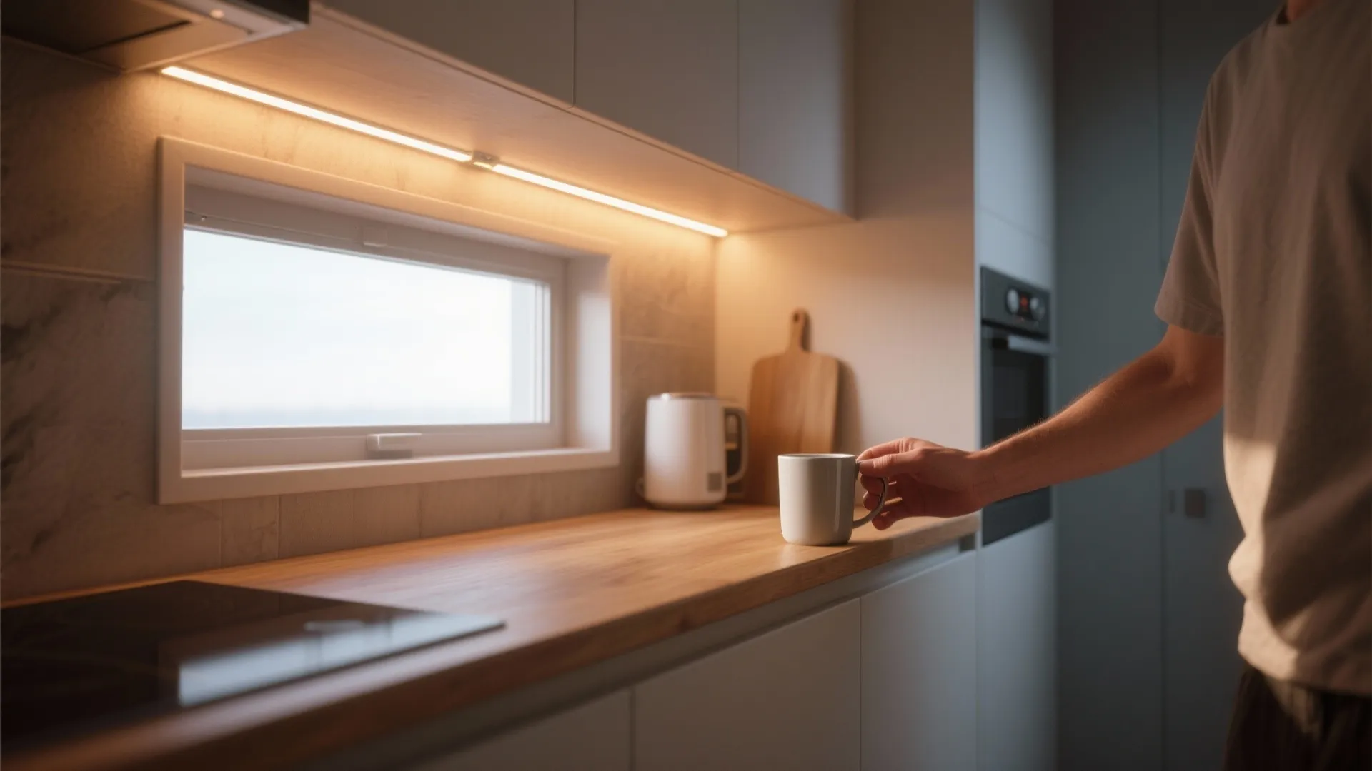 Kitchen counter with warm light strips under white cabinets next to a small white window