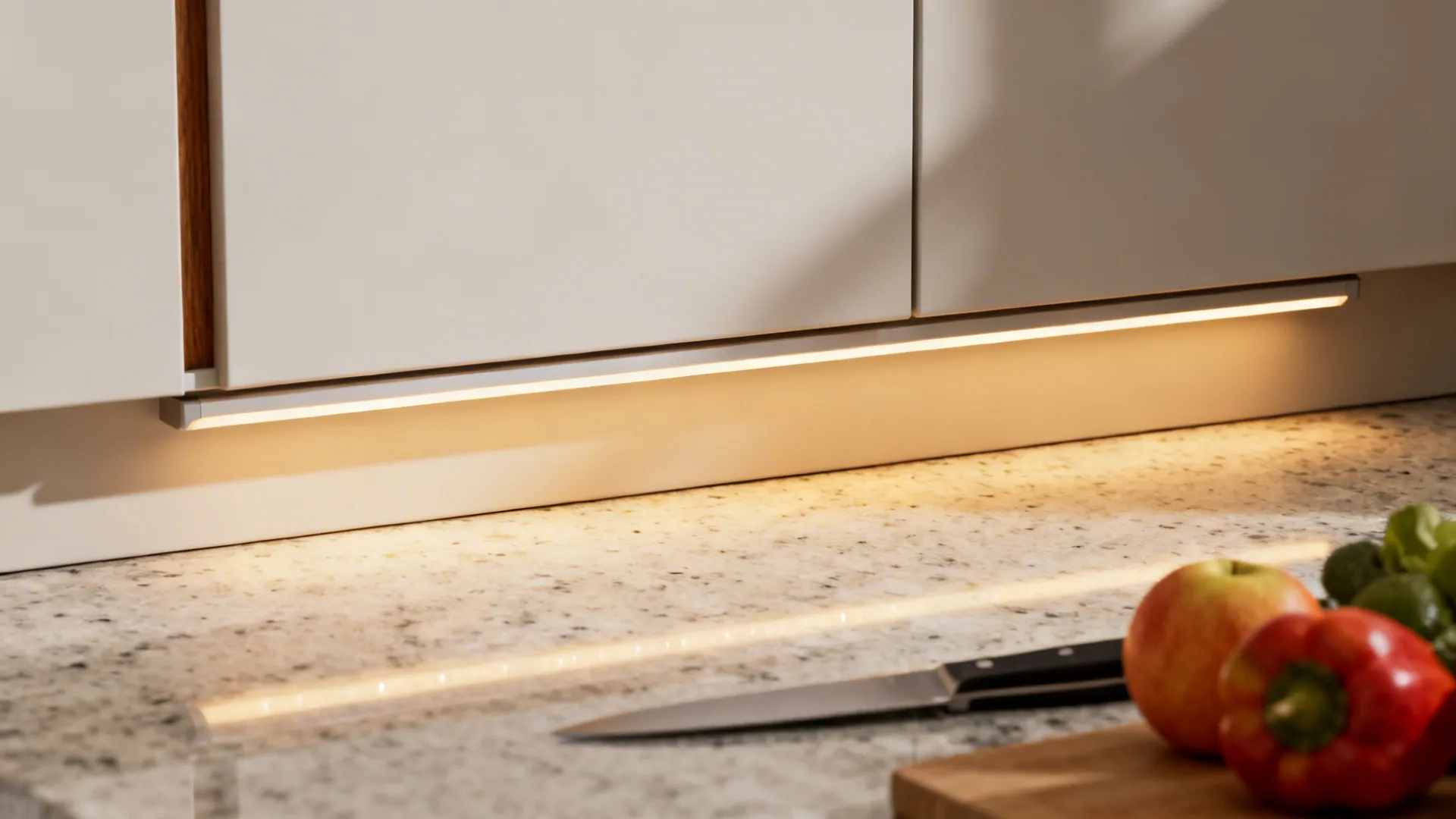 Macro of under-cabinet LED strip placed near the front edge, evenly lighting a countertop.