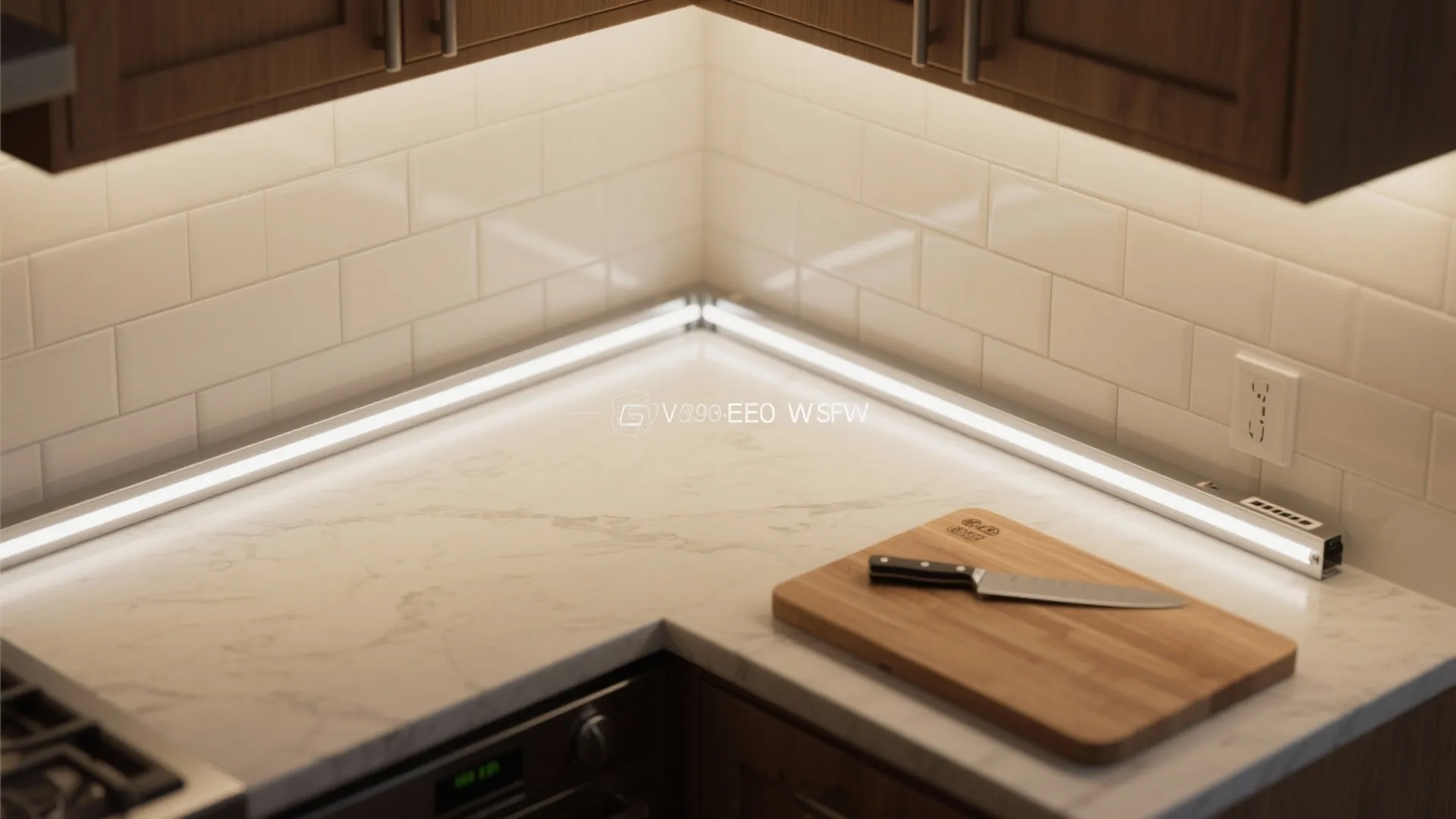 Top-down view of front-edge under-cabinet LED placement angled to light the chopping board.