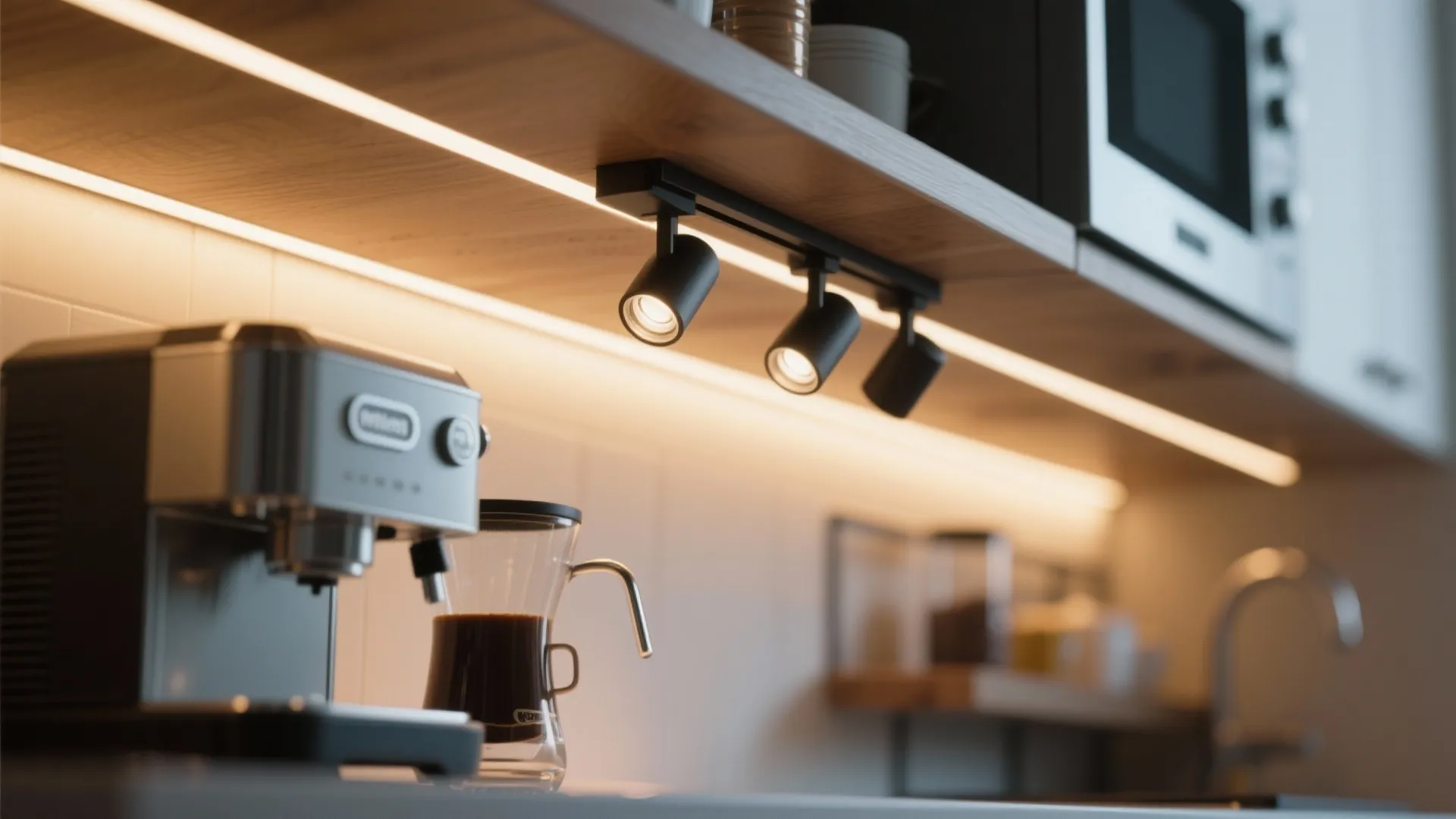 Small black track lights mounted under a wooden cabinet illuminating a coffee machine and counter