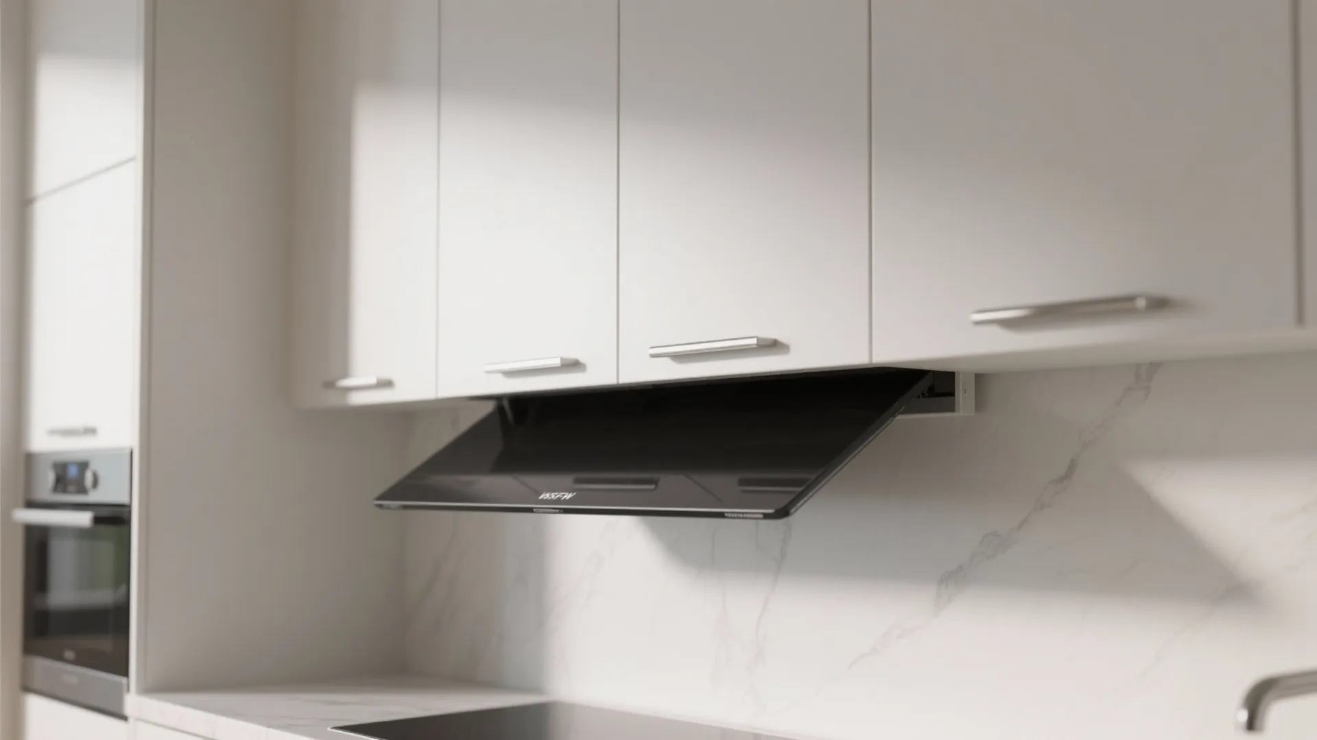 A thin black screen pulls out from under white kitchen cabinets for space saving entertainment