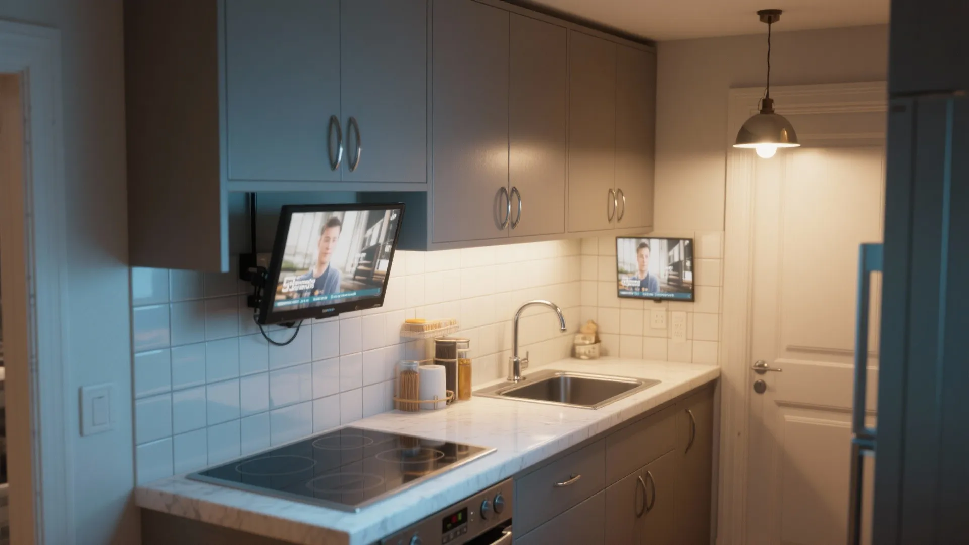 Small television screen mounted under grey kitchen cabinets above a white tiled backsplash and sink