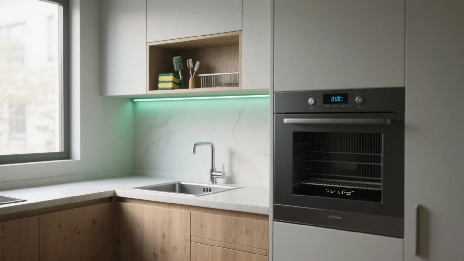 Modern kitchen featuring wood cabinets white countertop sink black oven and green under cabinet light