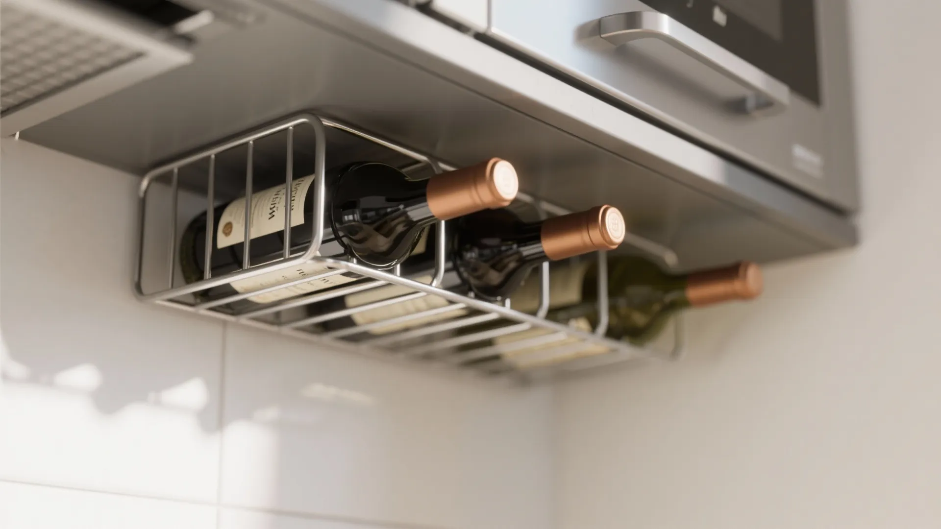 Metal wire wine rack installed under a kitchen cabinet holding three bottles of red wine