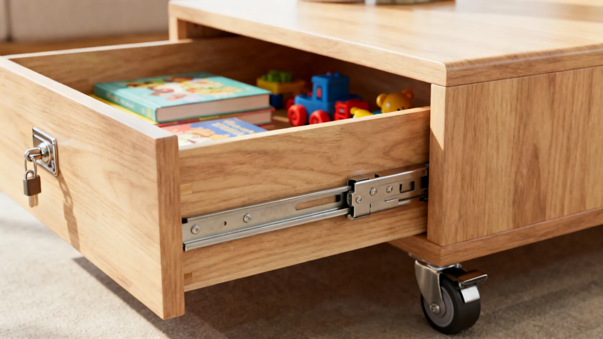 Coffee table with deep pull-out drawers and locking casters storing toys