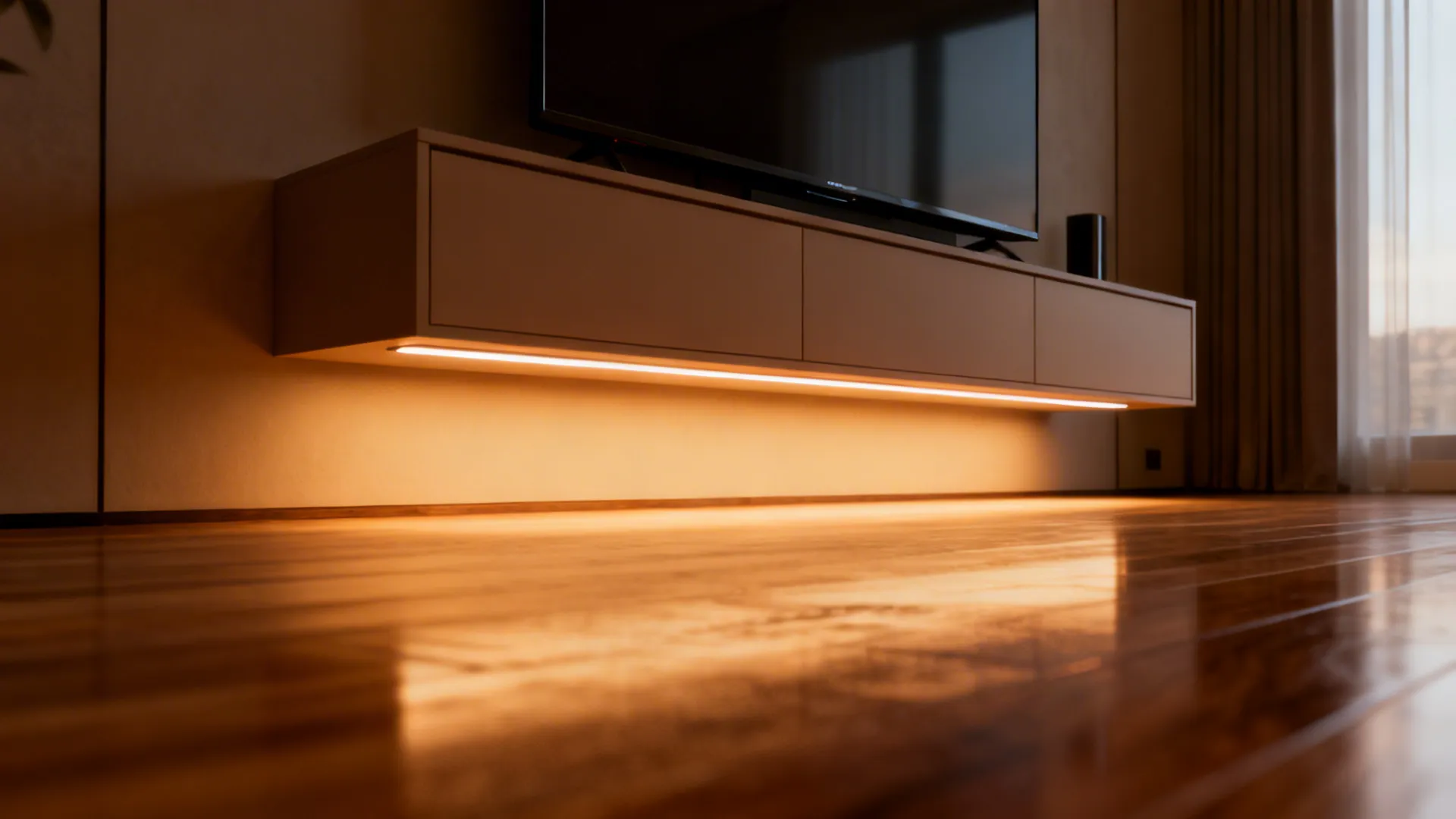 Floating TV console with hidden LED strip creating a subtle floor wash and floating effect.