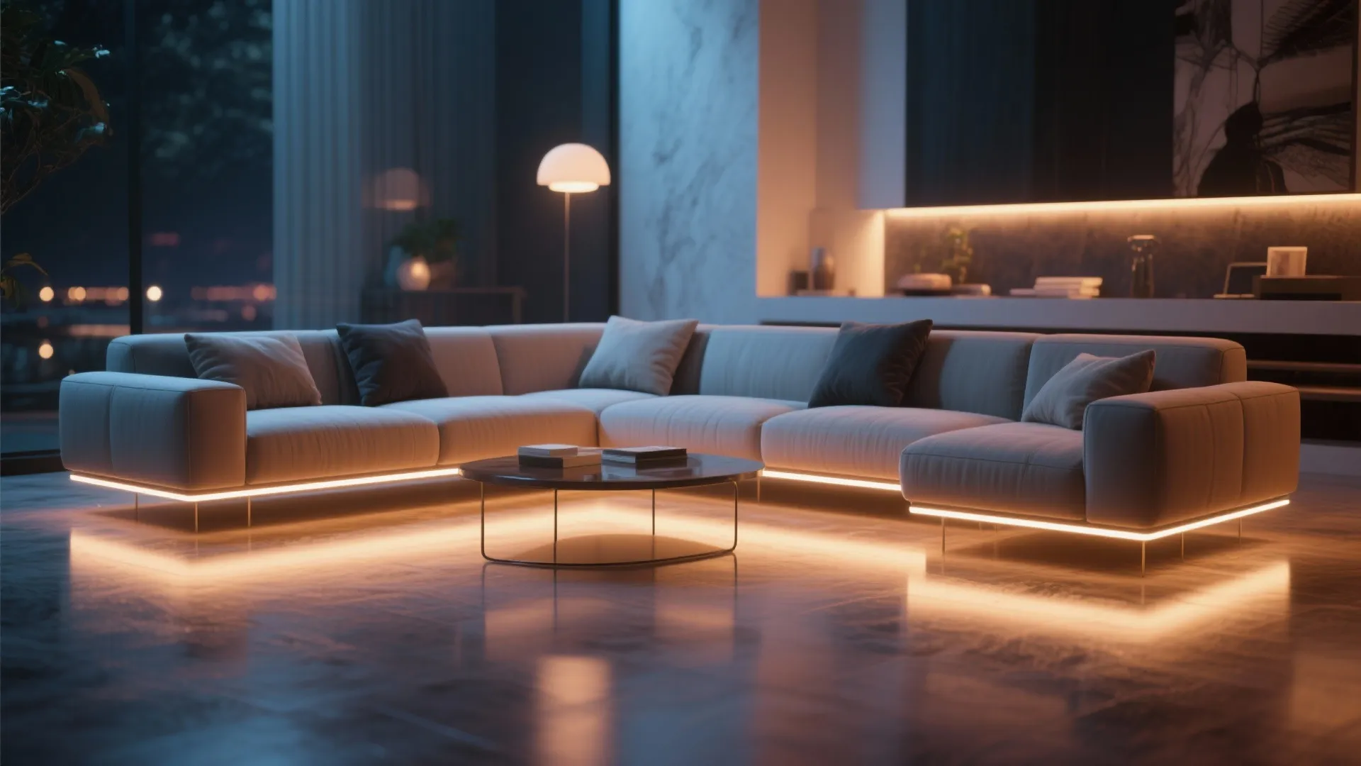 LED strips under sofa creating subtle floor glow