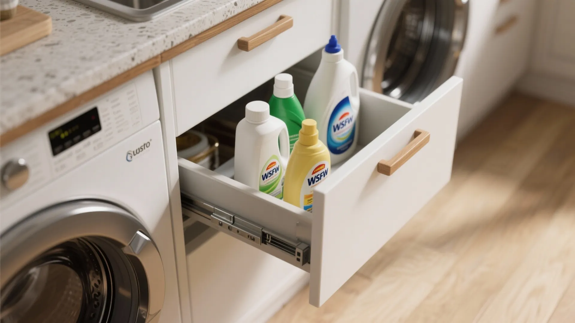 Open white drawer holding colorful detergent bottles next to a front loading washing machine setup