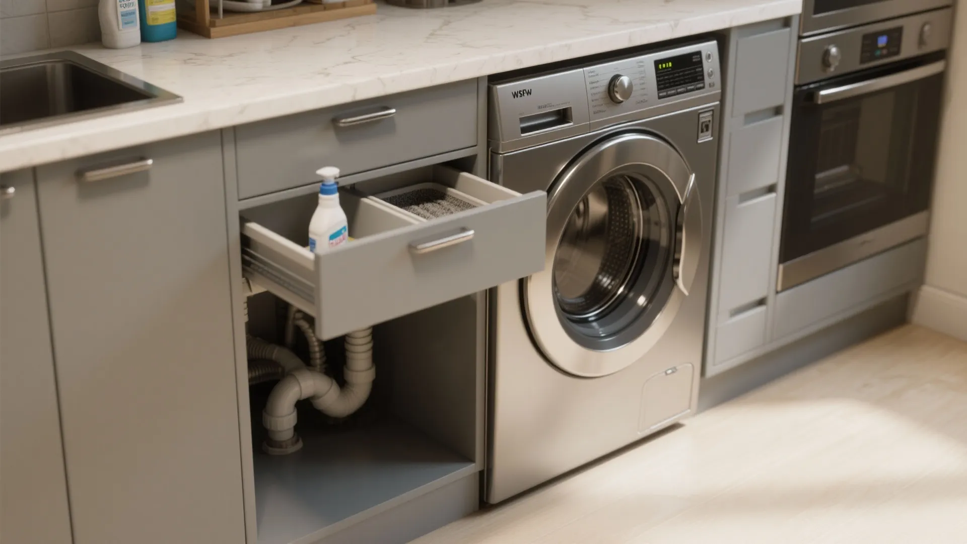 Close-up of a front-load washer-dryer tucked under a water-resistant countertop with shallow detergent drawers.