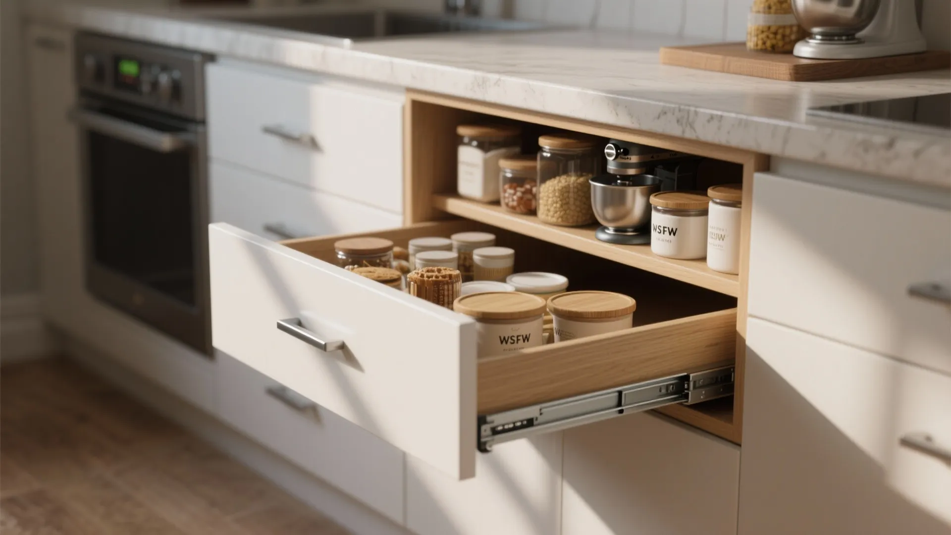 Open kitchen cabinet drawer filled with spice jars featuring wooden lids under a white countertop