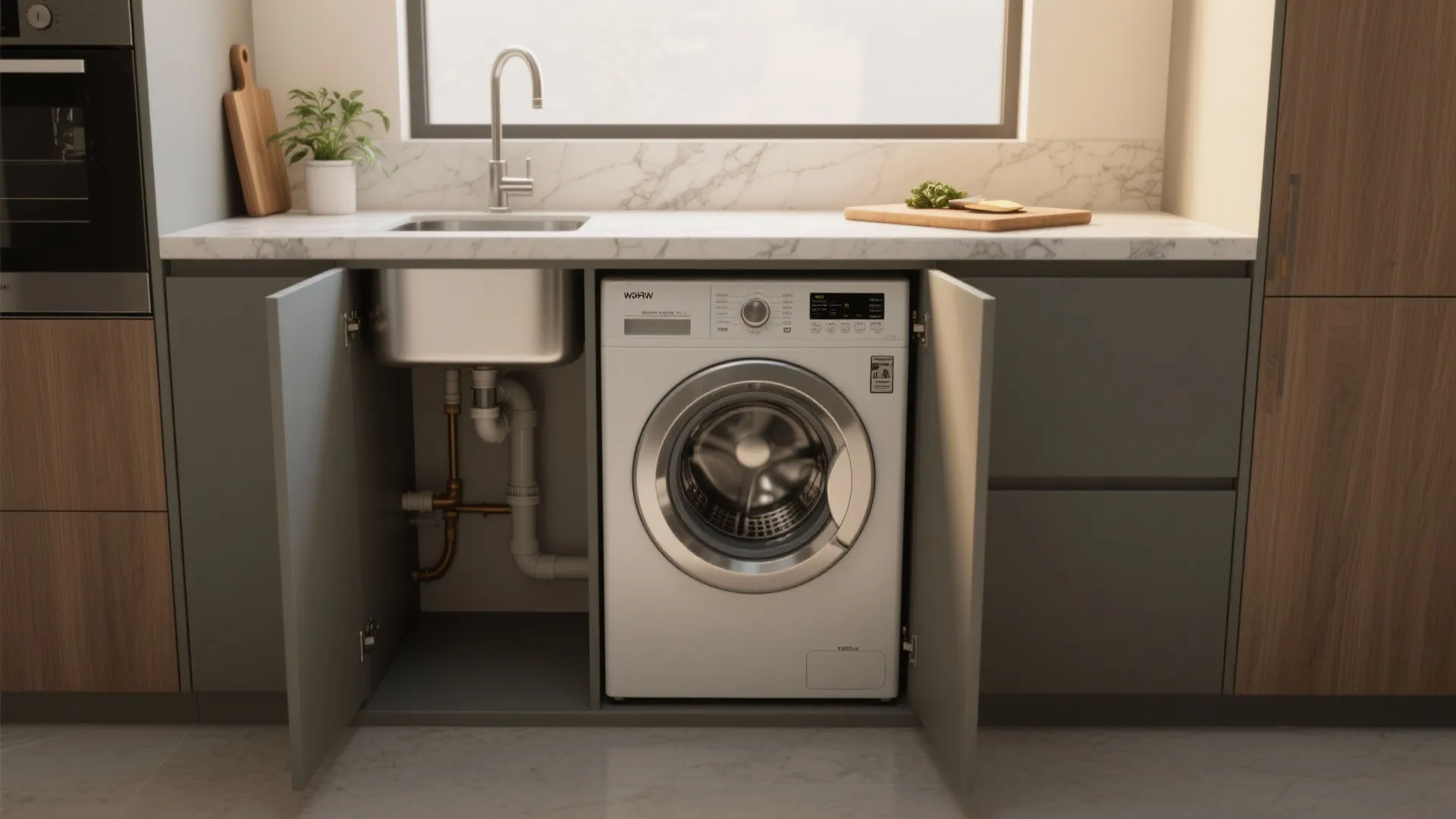 Under-counter washer seamlessly integrated under a kitchen counter with matching cabinet panels and countertop workspace.