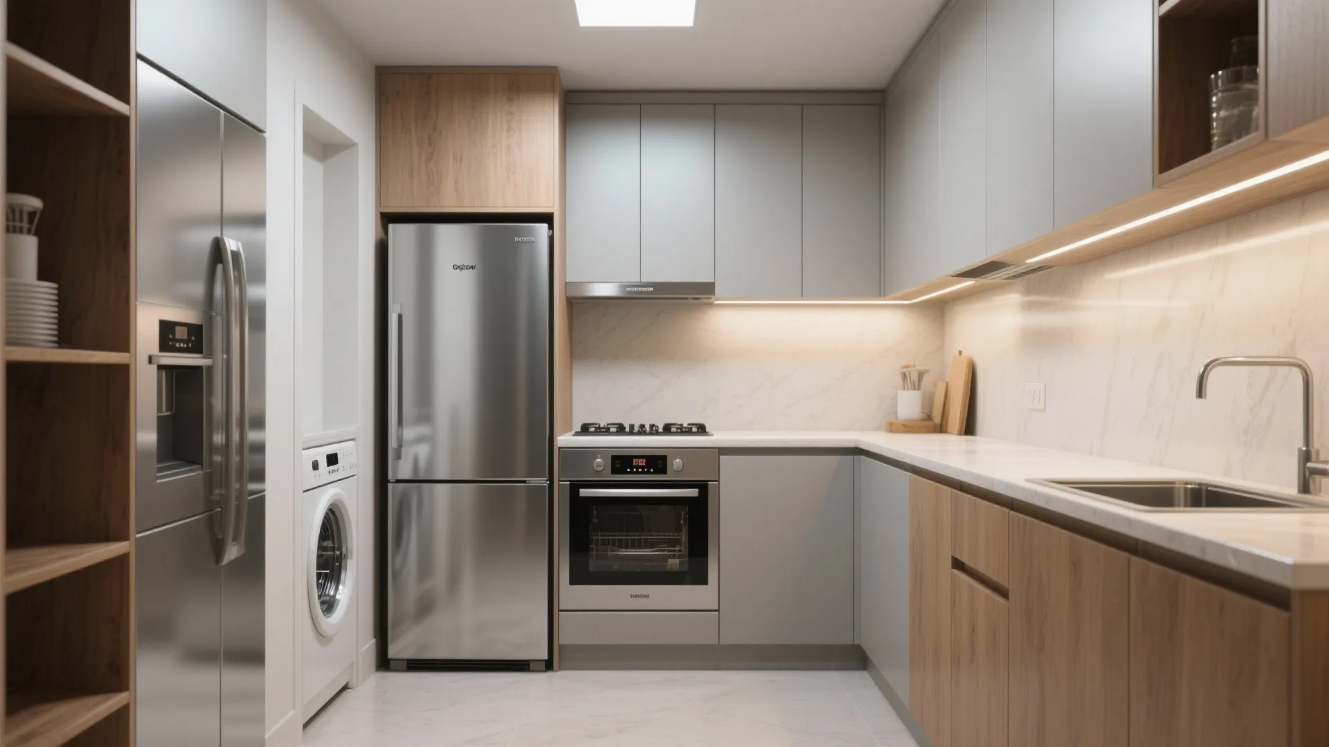 Modern kitchen interior design showing grey cabinets wooden panels silver fridge oven and washing machine