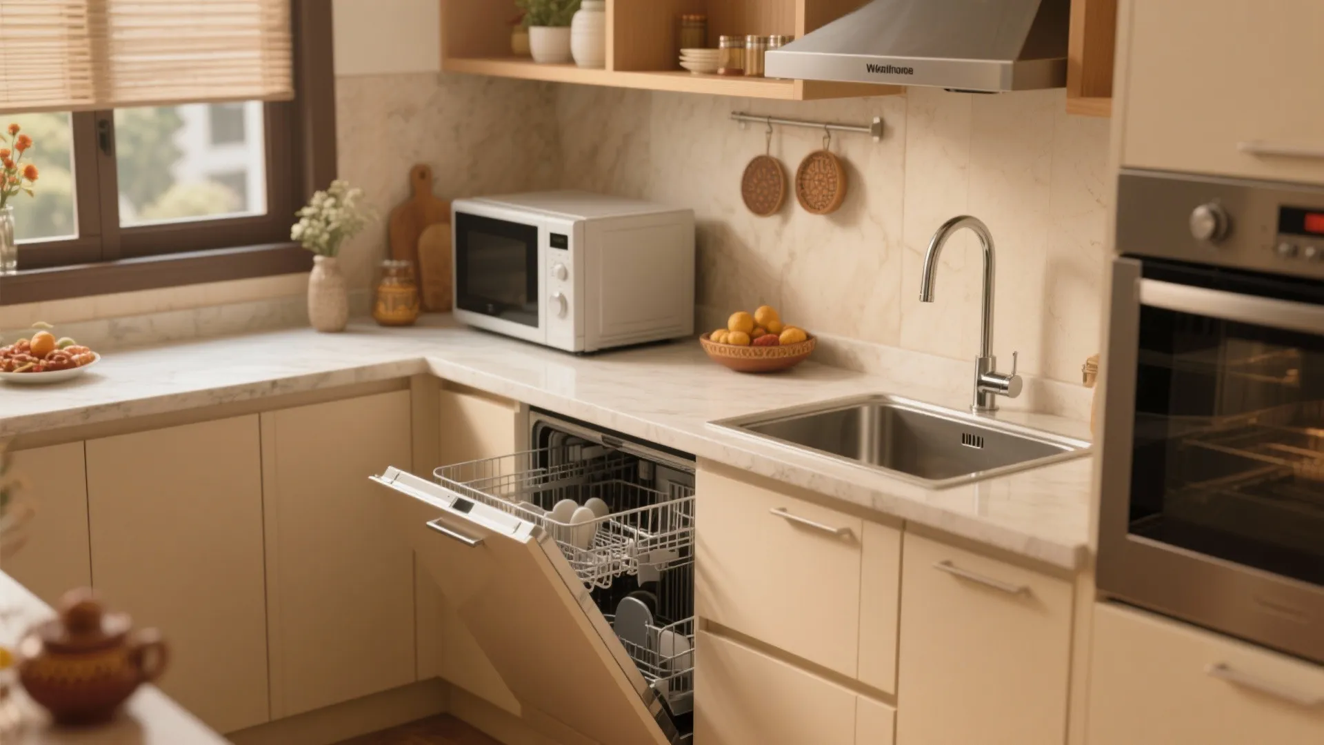 Kitchen corner showing open dishwasher microwave oven sink and marble counter under wood shelf wall cabinets