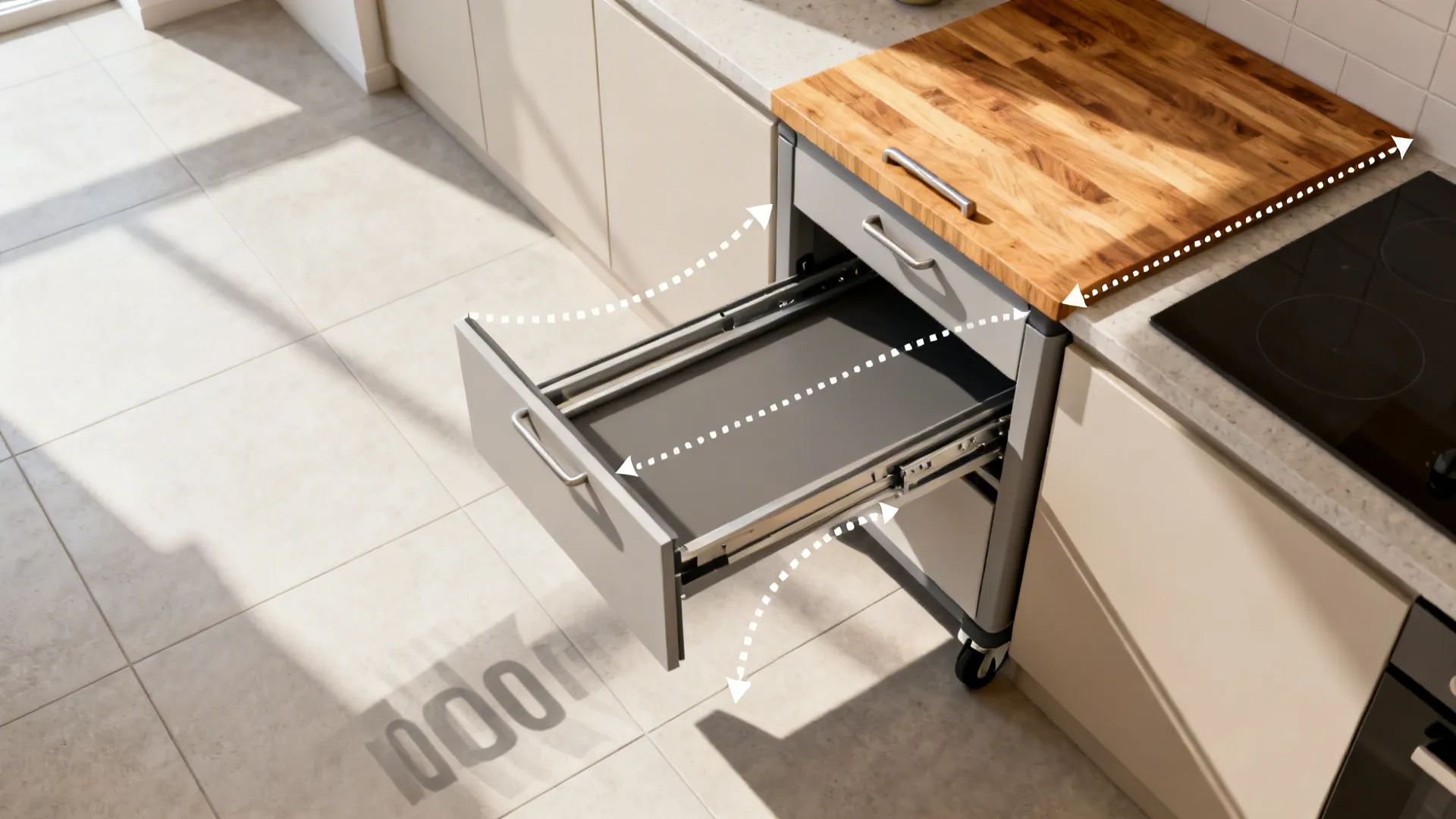 Pull out kitchen drawer with wooden top and metal handle showing smooth sliding motion arrows