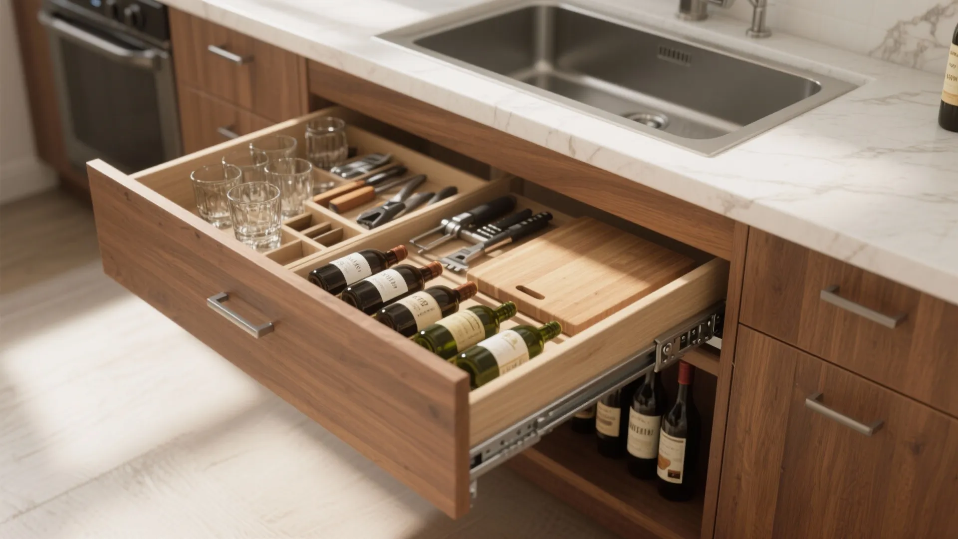 Open wooden kitchen drawer with wine bottles and glasses under a white marble counter top sink