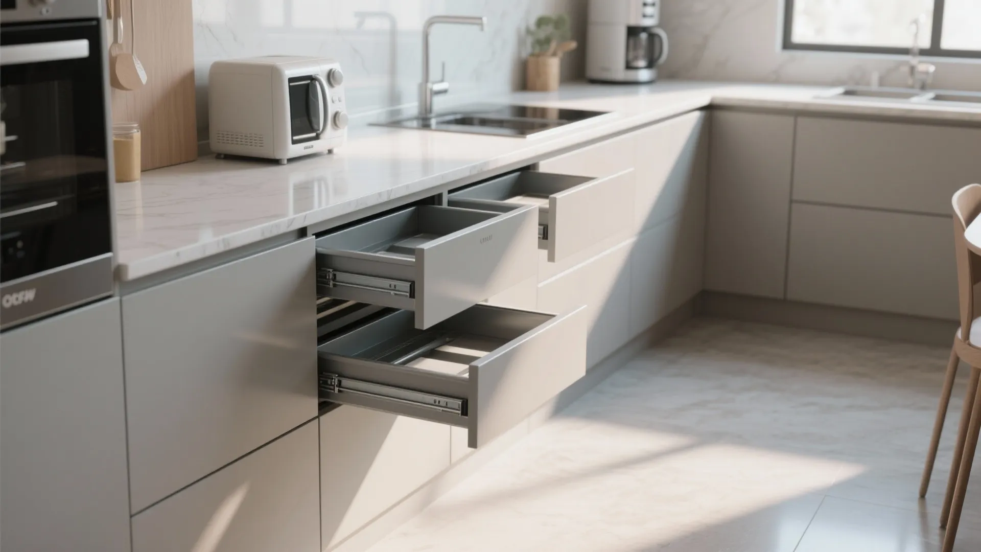 5. Shallow sliding drawers under counters