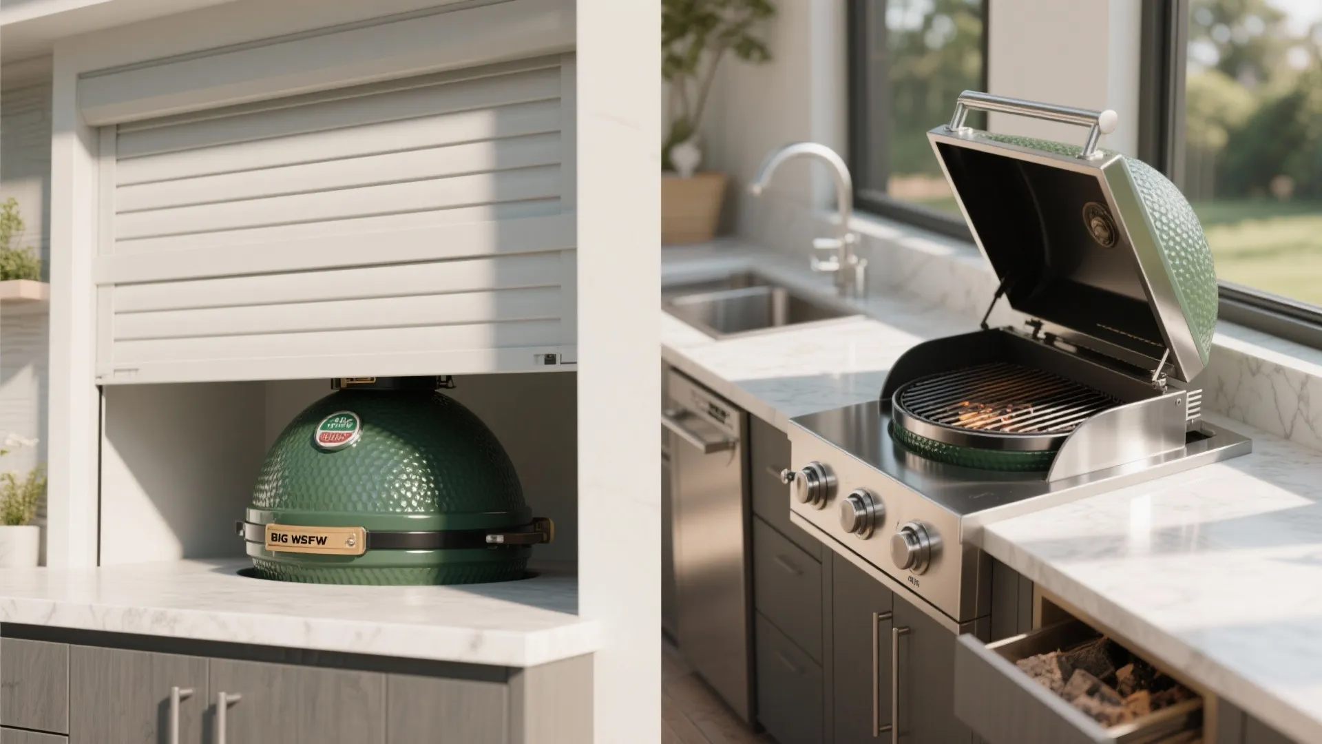Indoor kitchen counter with a hidden green egg grill and a built in stove top