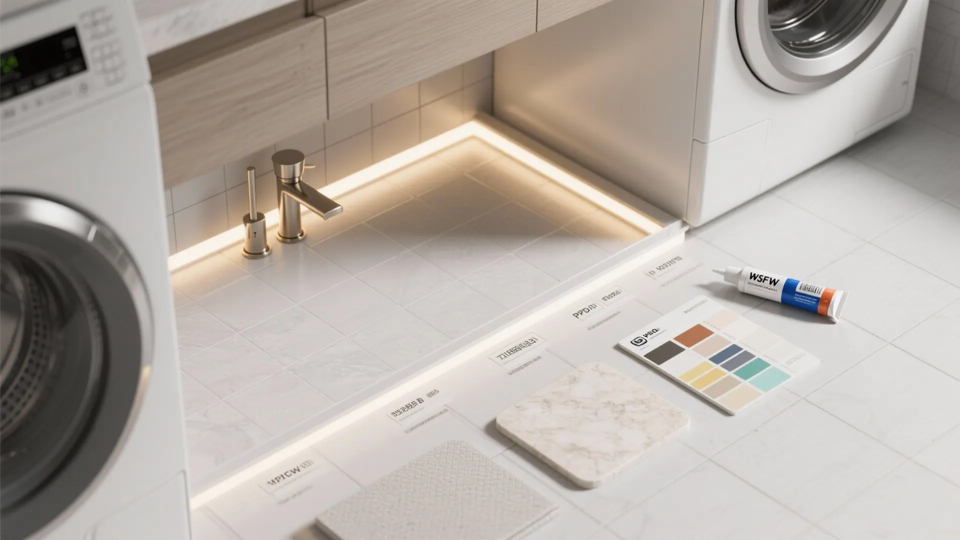 Under-counter washer beneath a floating vanity