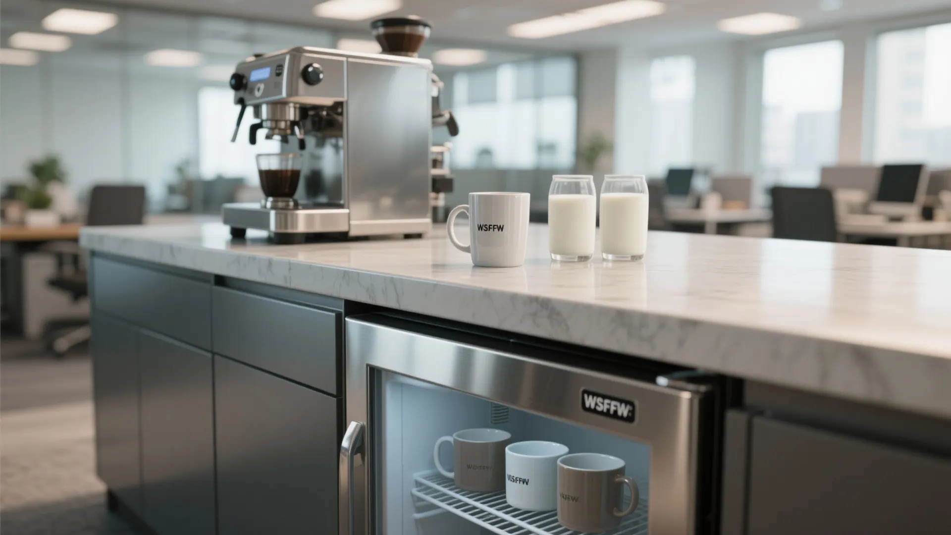 Office kitchen counter with espresso machine milk glasses and small fridge containing clean coffee mugs