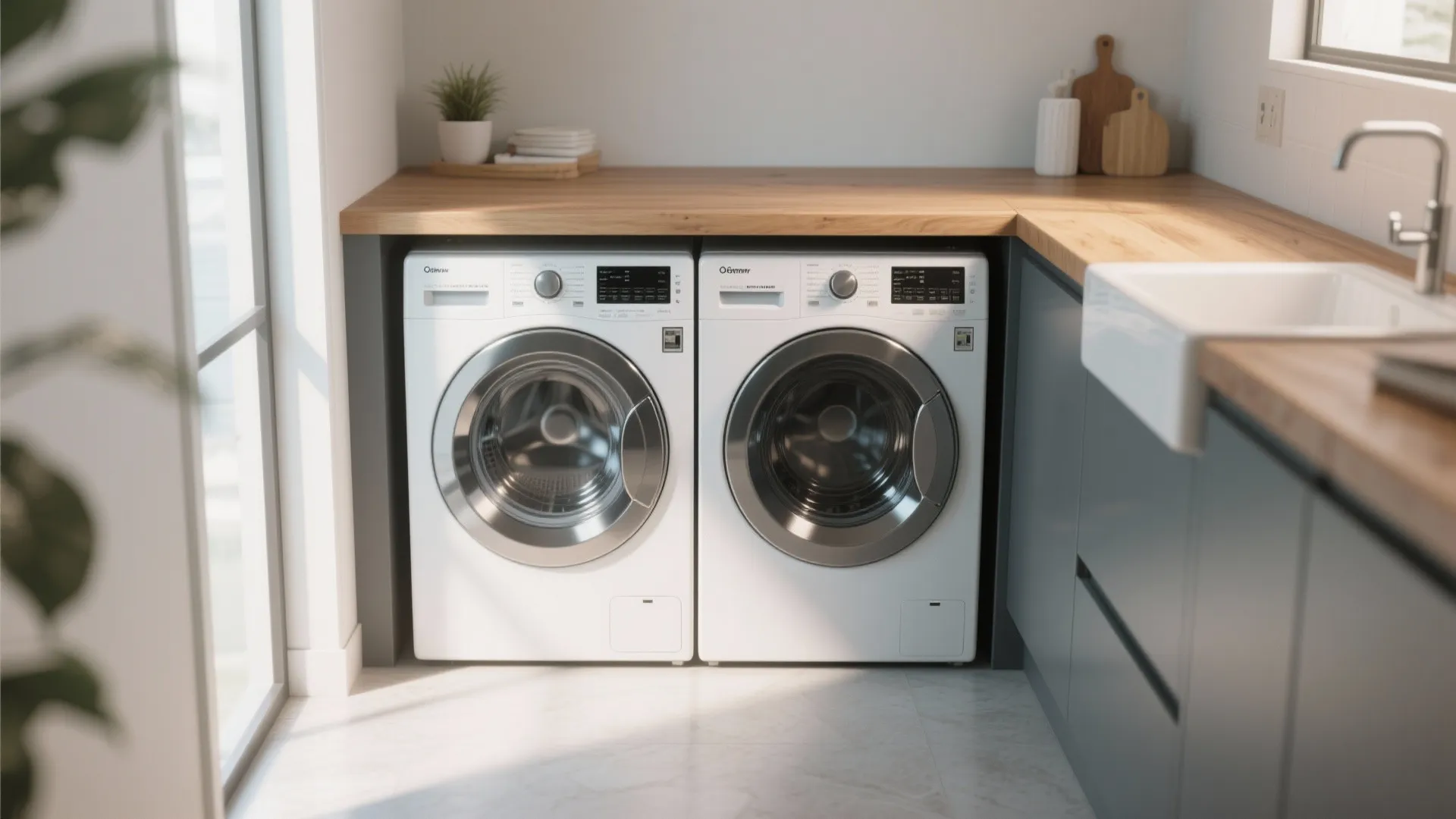 Modern laundry room with white washing machines under a light wood counter with grey cabinets