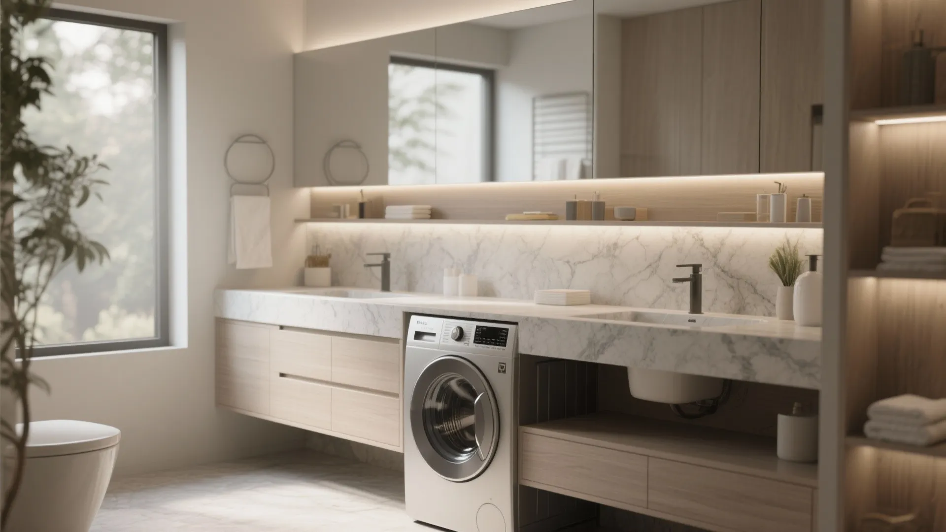 Washing machine installed under a marble counter with two sinks plus a large wall mirror