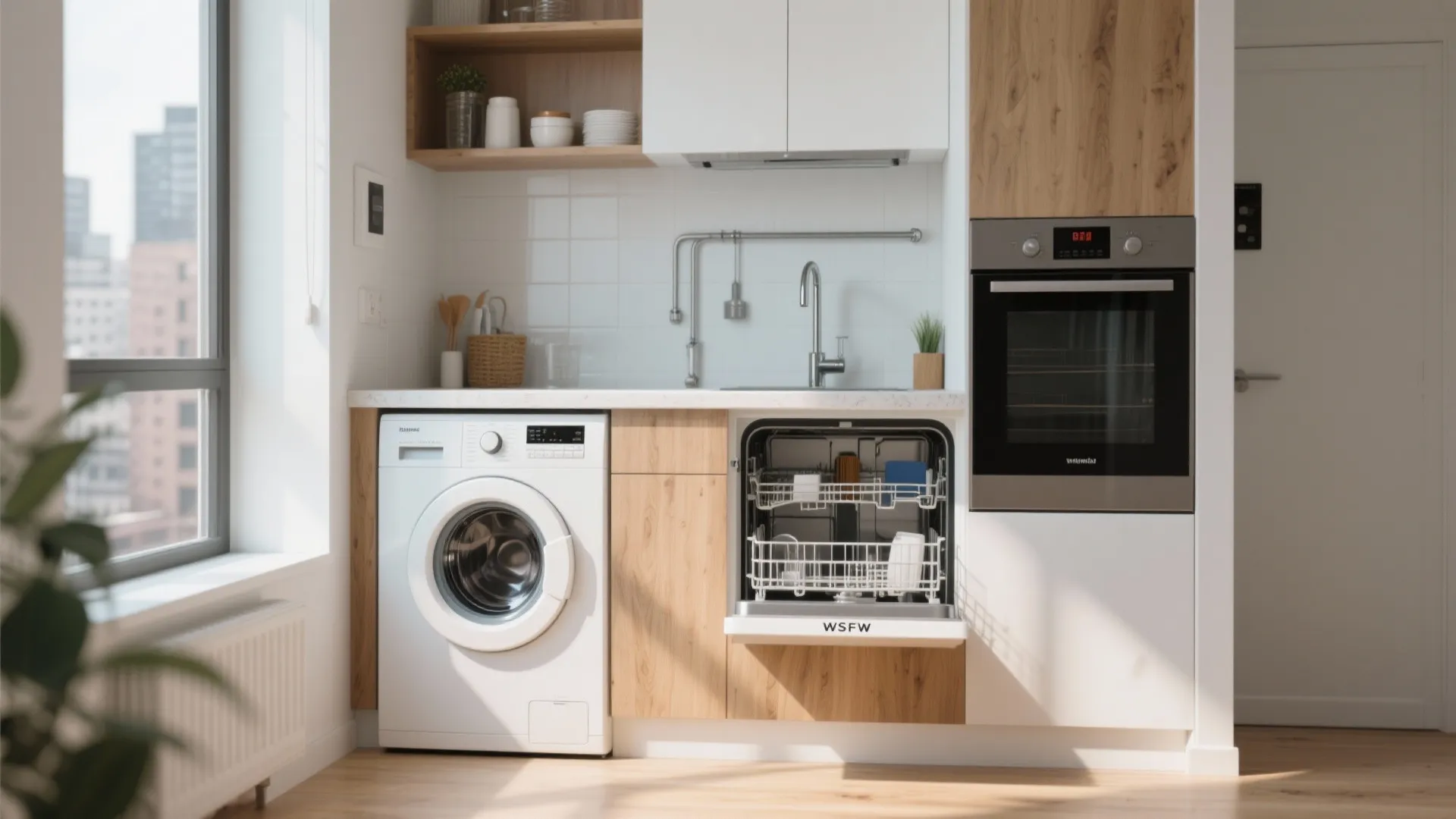 Modern kitchen with white washing machine and open dishwasher built into wood and white cabinets