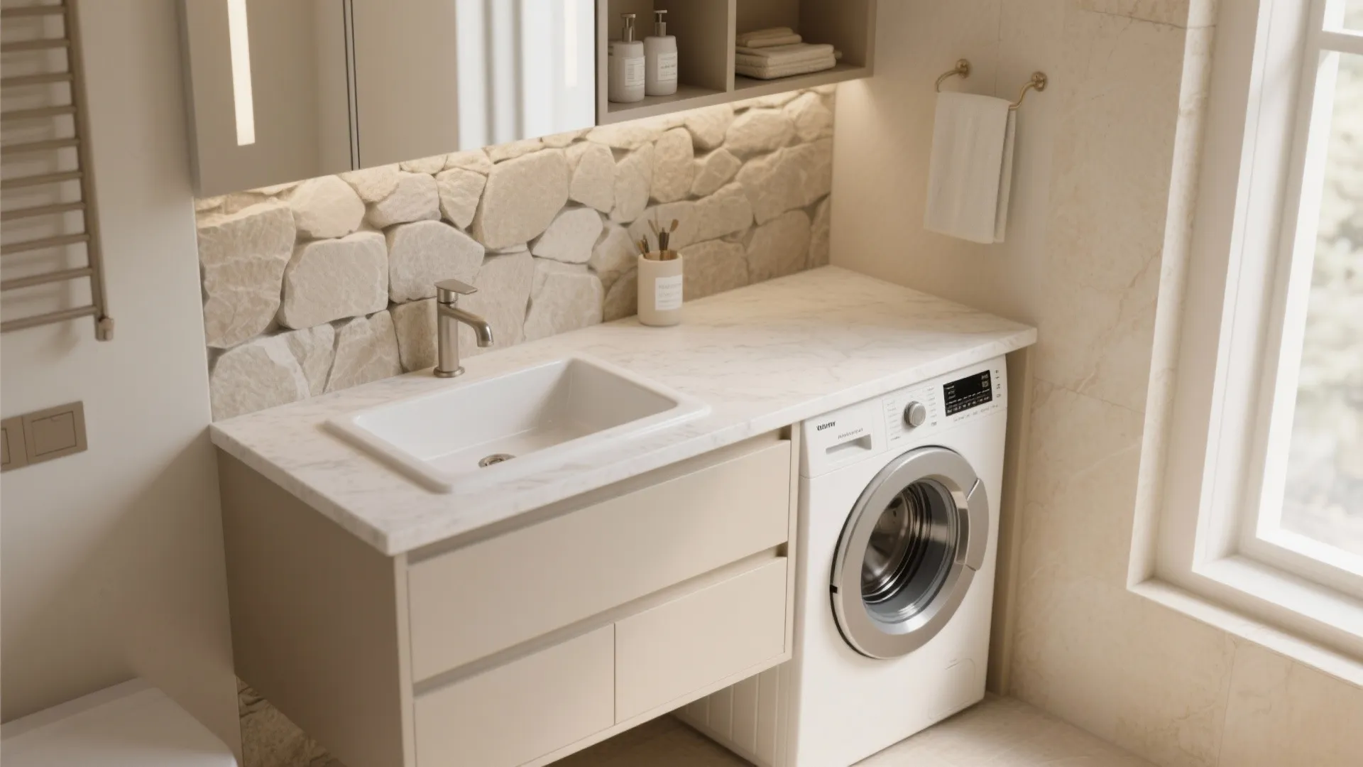 Bathroom vanity with washer integrated under countertop next to sink