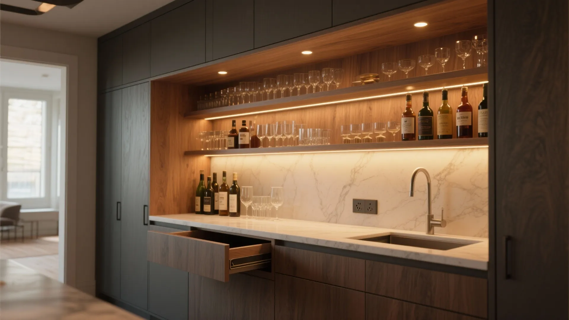 Under-counter minibar nook with integrated LED lighting, pull-out shelf, and neat bottle storage
