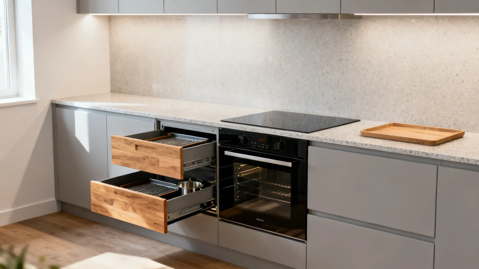 Under-counter oven with adjacent deep drawers and a long continuous countertop in a compact kitchen.