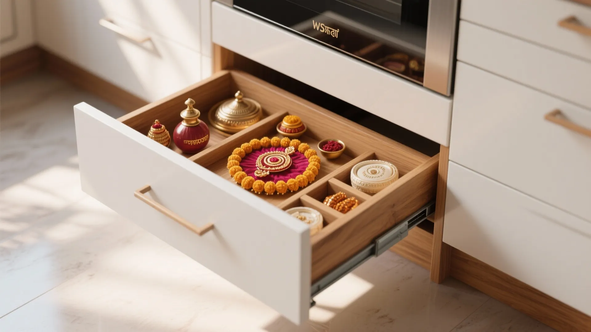 Modern white kitchen cabinet with an open wooden drawer storing various small traditional religious items