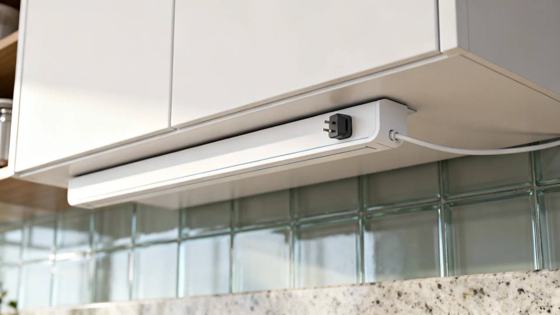 Macro of a discreet under-cabinet outlet strip with a plug inserted, keeping the backsplash clean.