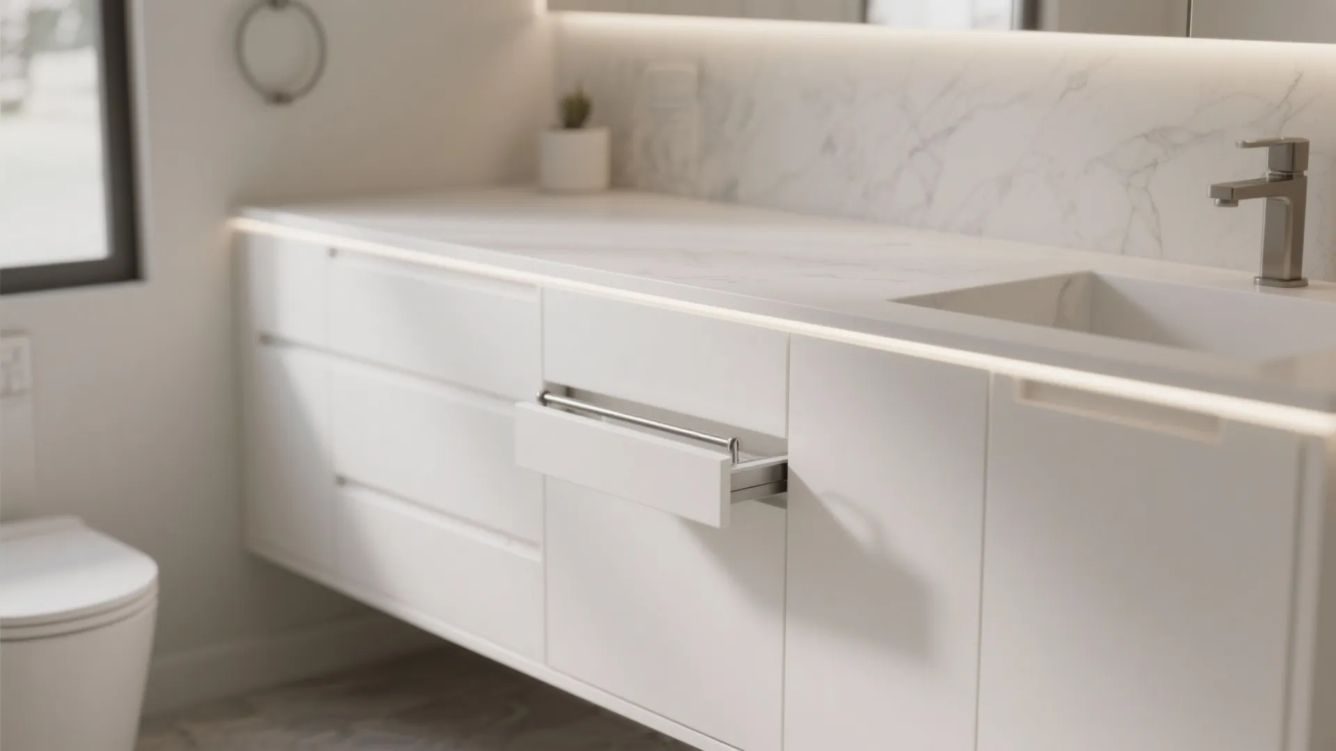 White bathroom cabinet with marble countertop and pullout towel bar drawer showing a single metal rail
