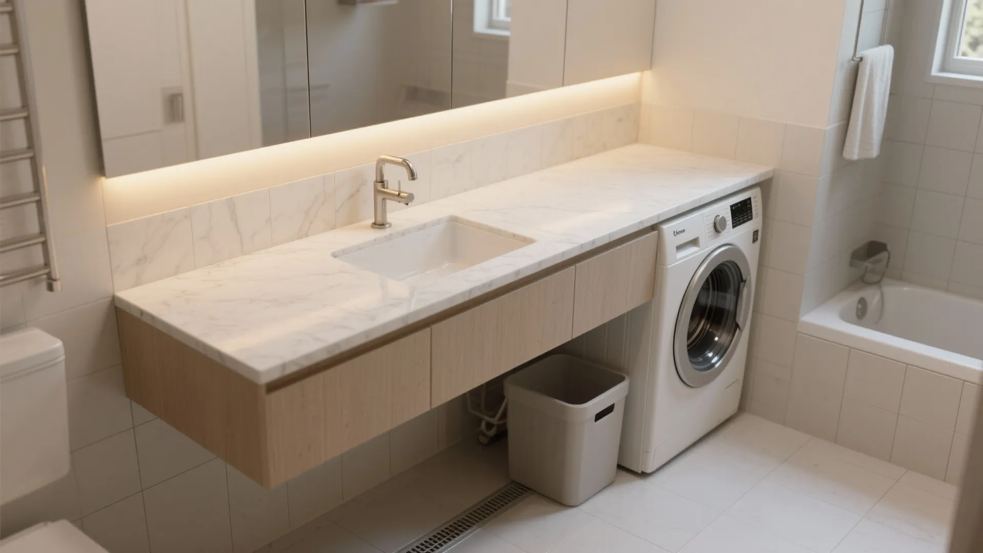 Under-counter washer beneath a floating vanity
