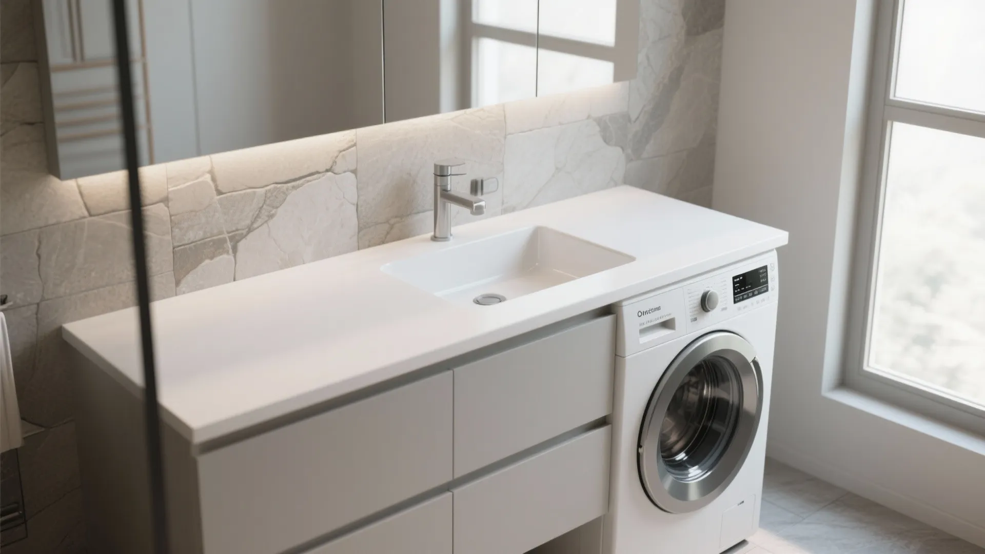 White bathroom vanity with an integrated sink and a washing machine installed under grey cabinet
