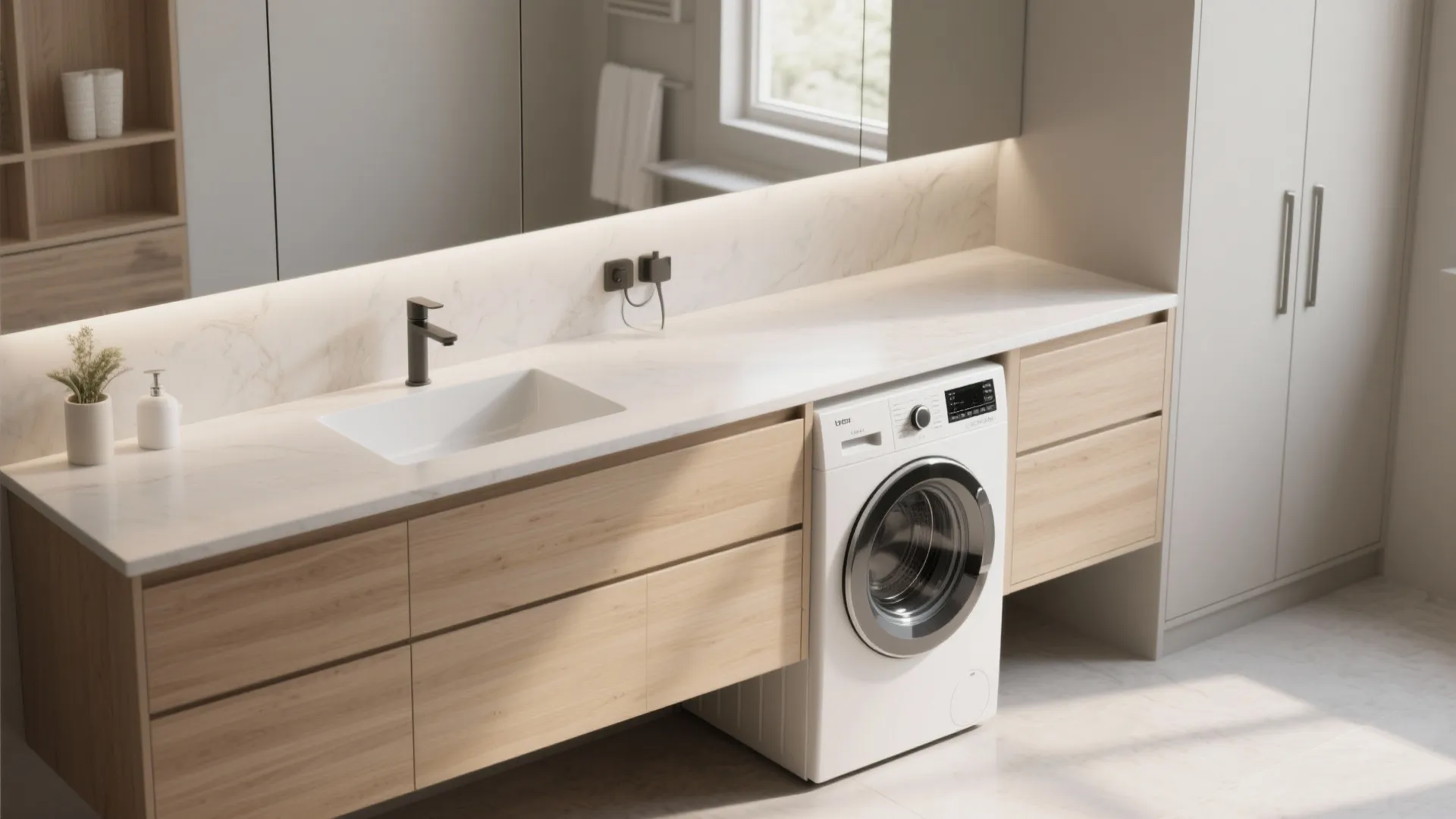 Interior design drawing of a bathroom with washing machine integrated under a long wooden cabinet