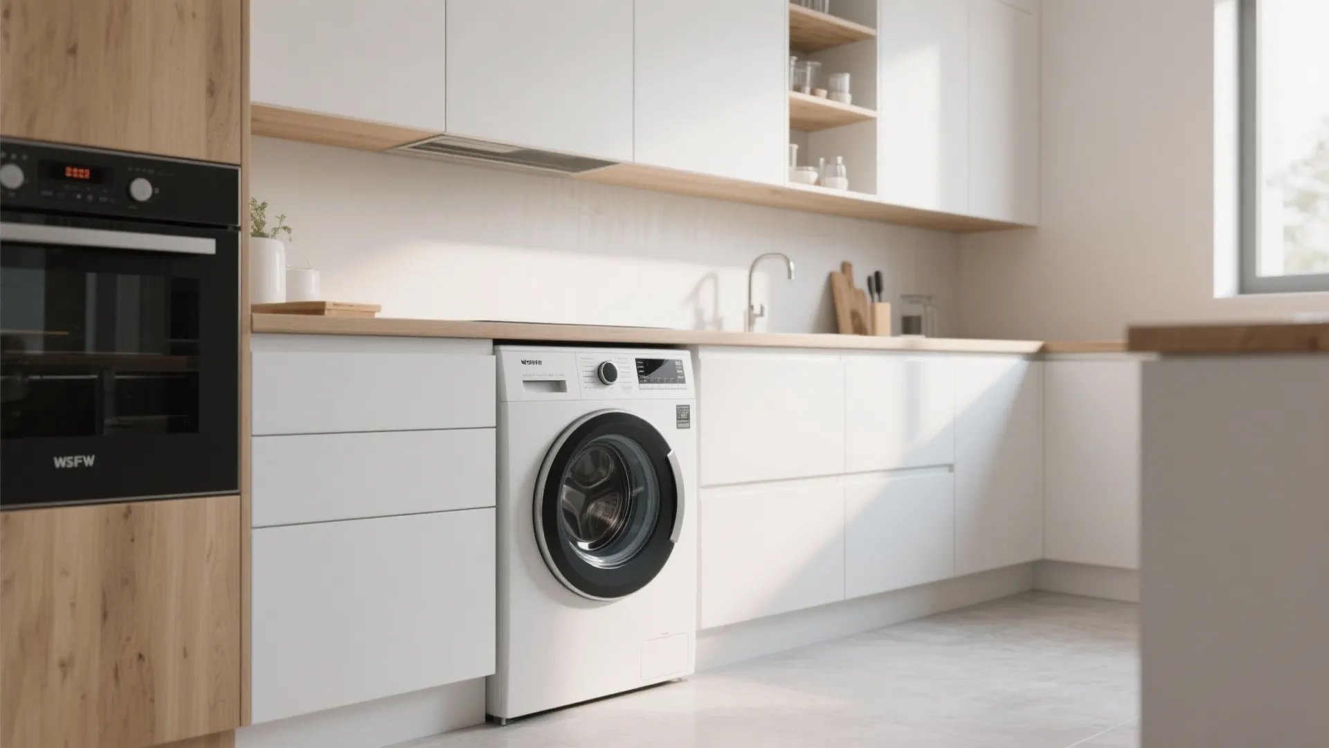 White washing machine installed under a light wood counter in a bright modern home kitchen