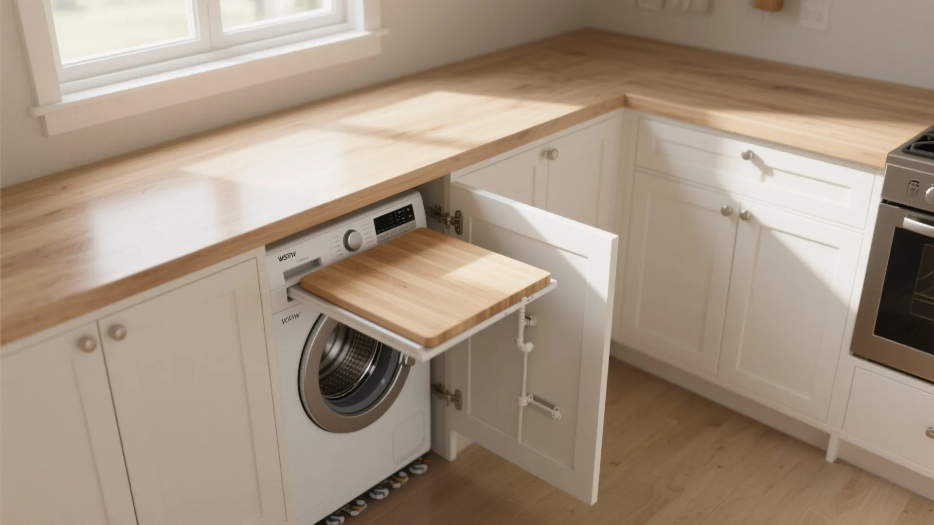 Kitchen layout with a washing machine under the wooden counter and a pull-out laundry board