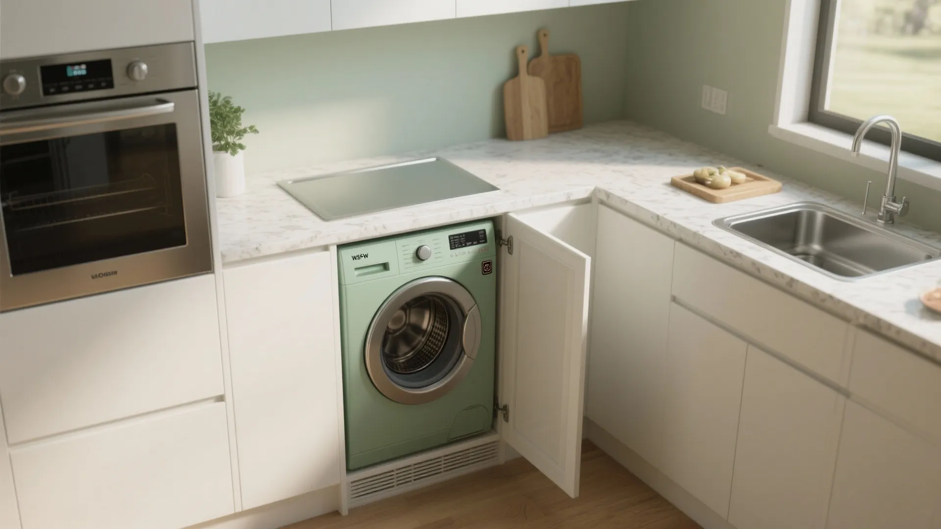 Green washing machine placed under marble kitchen counter with white cabinets and a steel water sink
