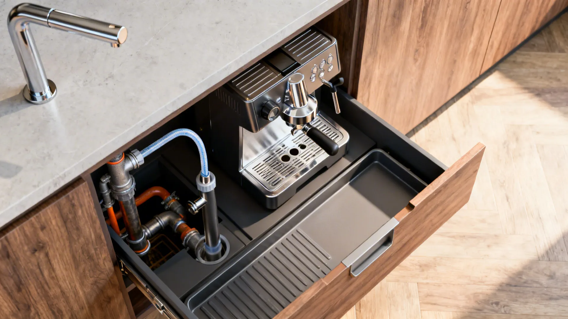 Under-counter drawer coffee station with integrated water line and retractable faucet
