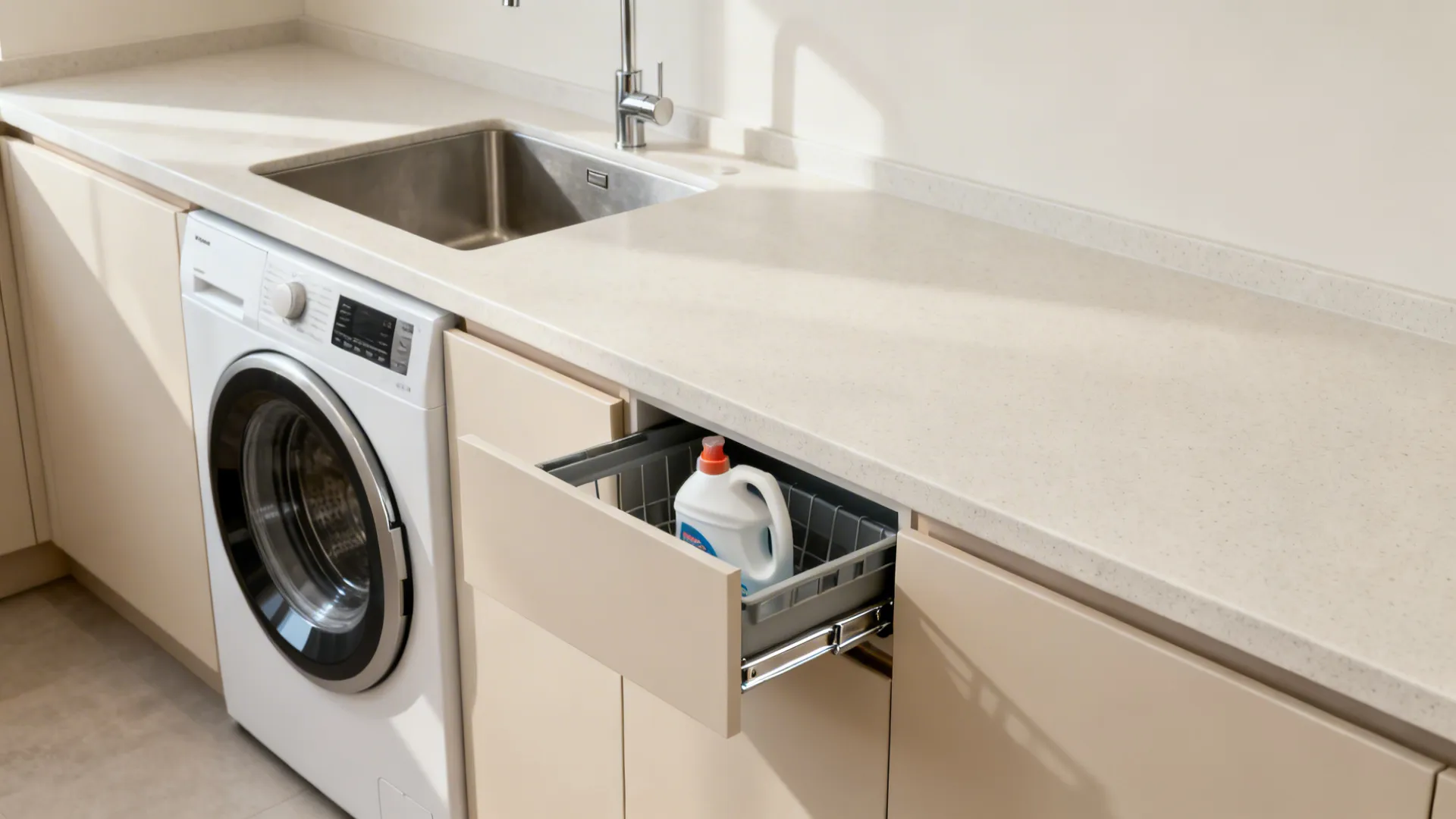 Under-counter front-load washer beside a sink beneath a seamless light quartz worktop.