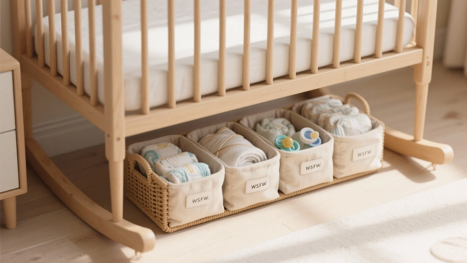 Under-Cradle Basket: Diapers, Swaddles, and Calm