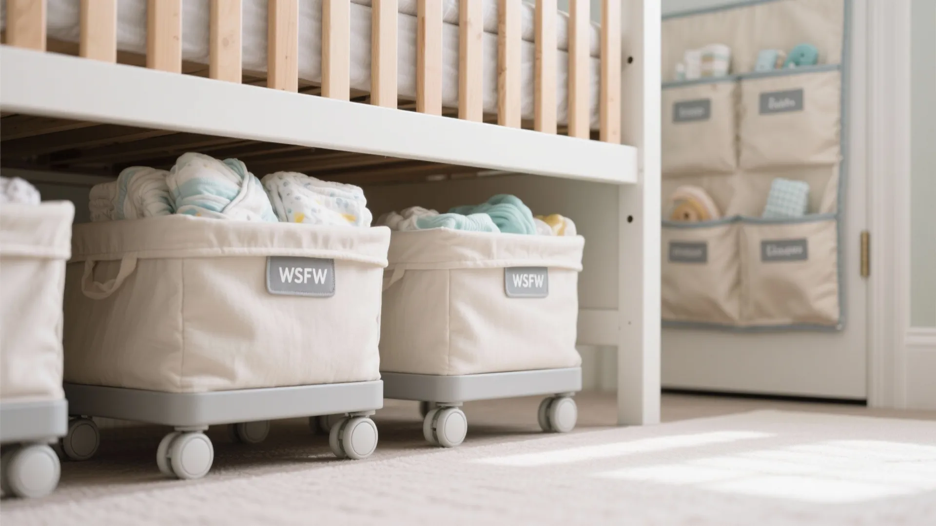 5) Hidden storage: under-crib bins and door backs