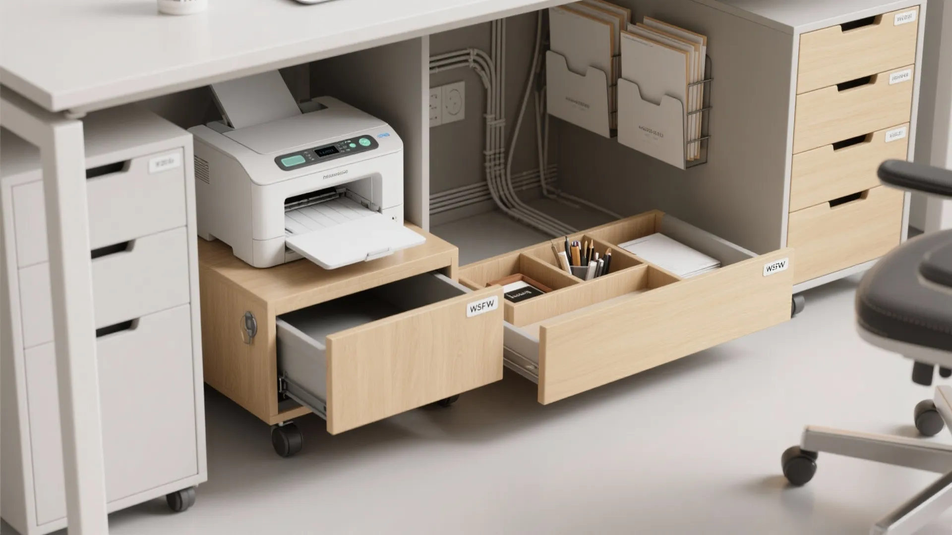 Top-down view of under-desk pull-out drawers, rolling printer pedestal, and cable channels keeping a small office tidy.