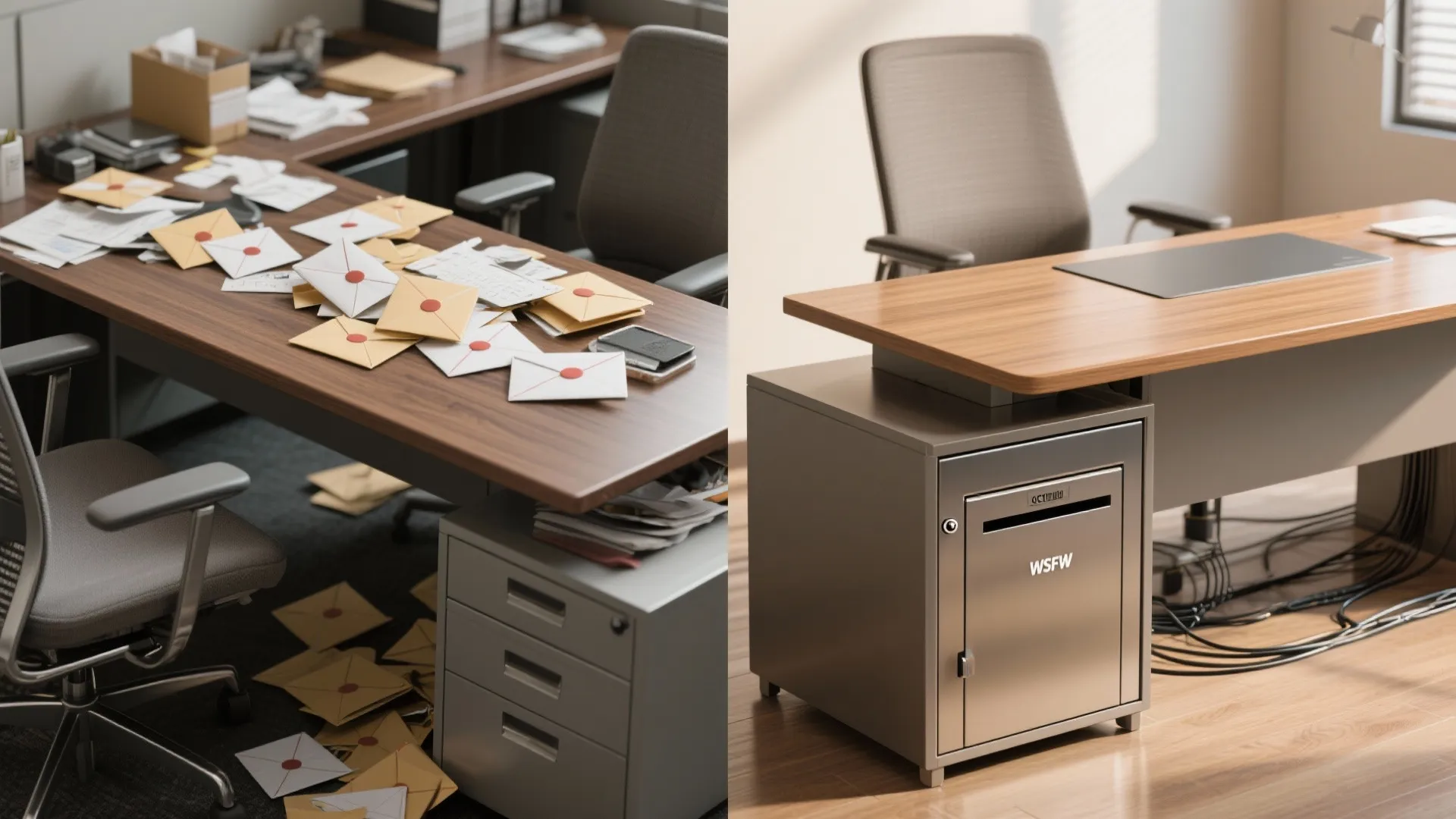 Before-and-after of a desk showing cluttered mail versus a tidy integrated under-desk mail drawer