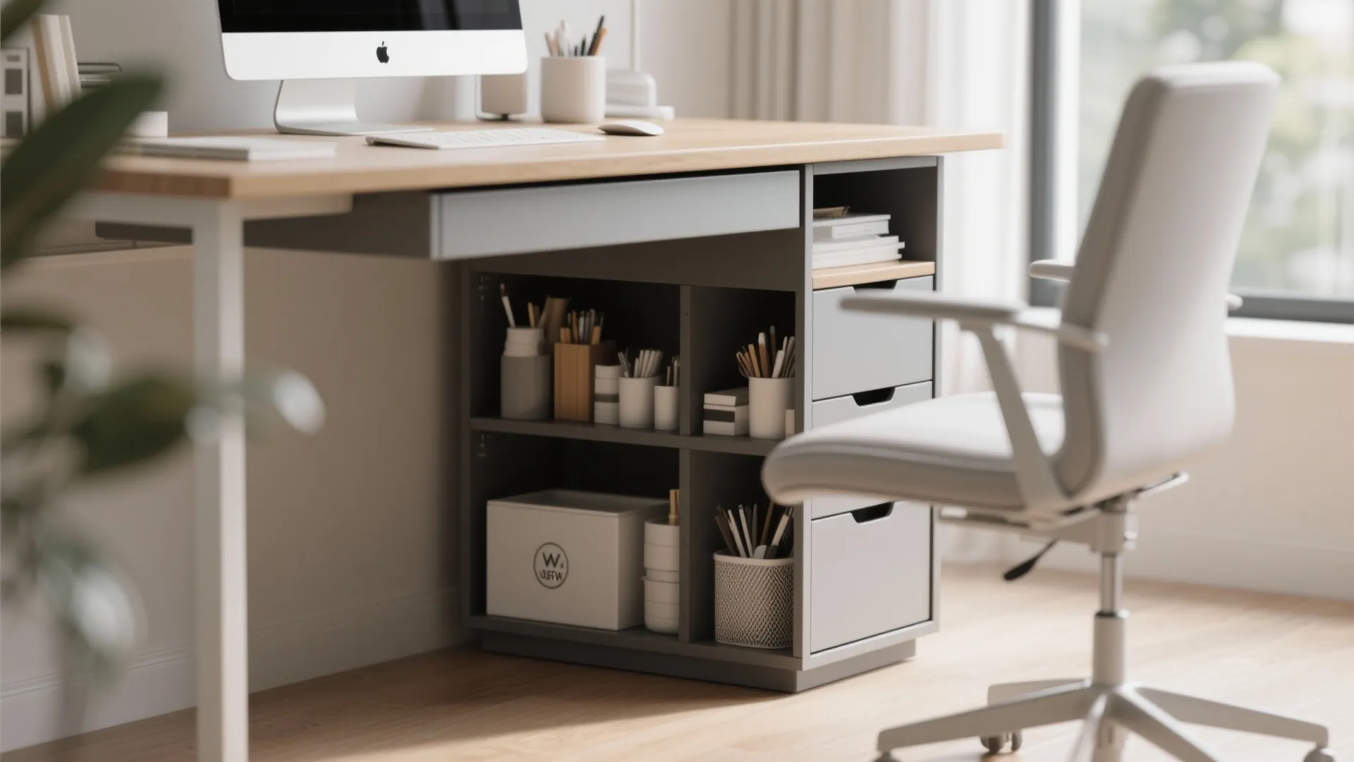 Modern wooden desk with grey cabinet for storage including drawers and open shelves for stationery